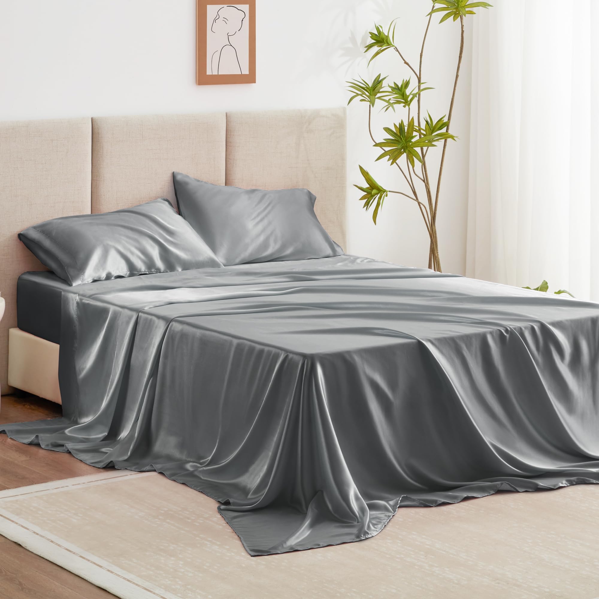 Love'S Cabin Satin Queen Sheets Set - 4 Piece Dark Grey Silky Satin Bed Sheets Queen Set With Deep Pocket, Luxury Silk Feel Satin Queen Size Sheet Set (1 Flat Sheet,1 Fitted Sheet,2 Pillow Cases)