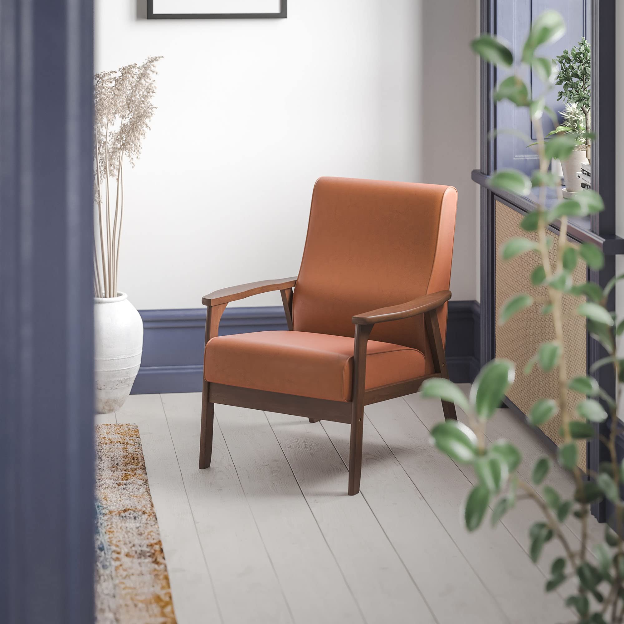 Flash Furniture Langston Commercial Mid Century Modern Chair - Cognac Leathersoft Upholstery - Walnut Finish Wooden Frame And Arms - Extra Supportive Sinuous Springs