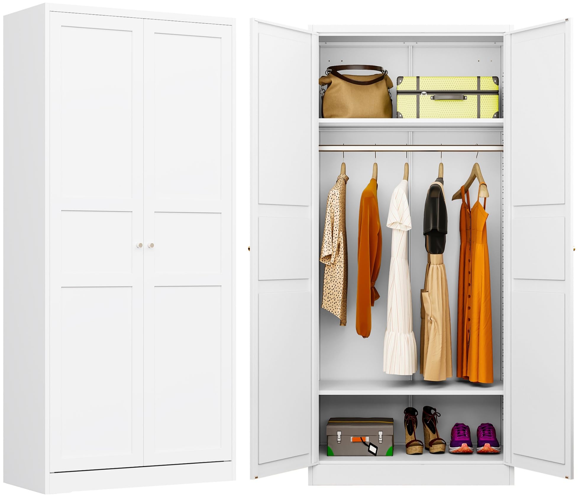 Metal Wardrobe Cabinet,Armoire Wardrobe Closet With Doors,White Metal Clothing Storage Cabinet With Adjustable Shelves And Hanging Rod,72' Wardrobe Storage Cabinet For Home,Bedroom Armoires,Laundry
