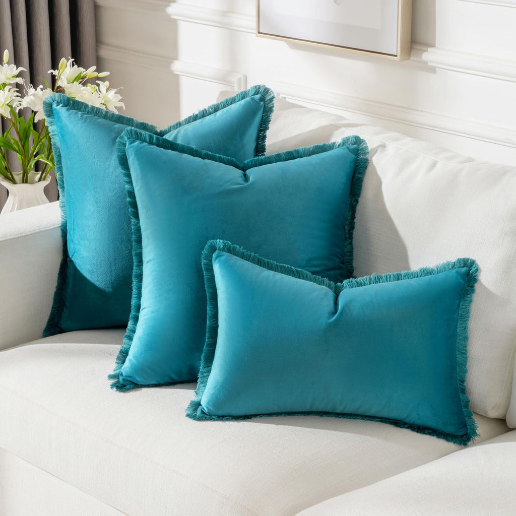 Futei Teal Boho Throw Pillow Covers With Tassels 24X24 Inch Set Of 2,Soft Velvet Decorative Euro Pillow Shams,Home Decor For Cou