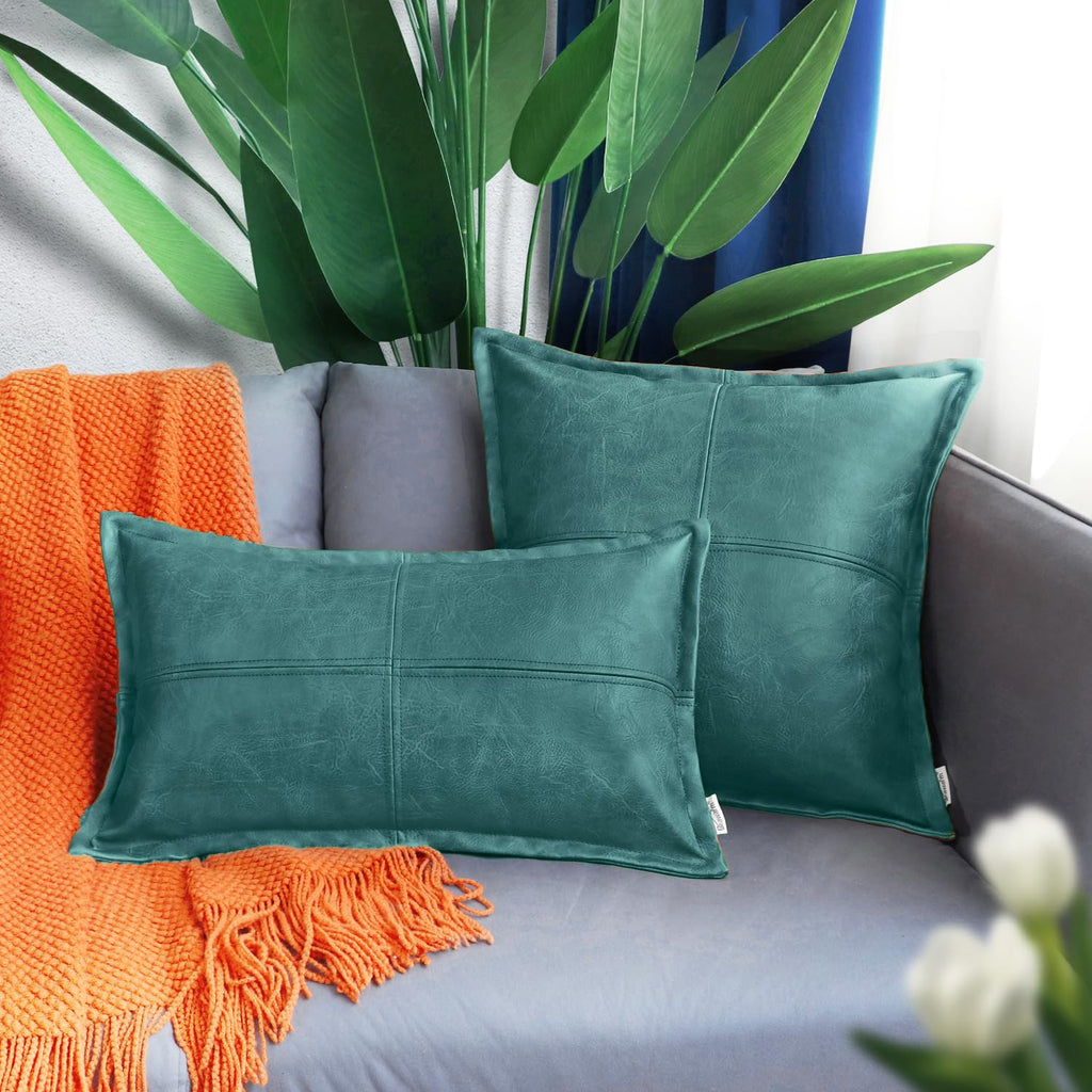 Brawarm Teal Leather Throw Pillow 12 X 20 Inches, Faux Leather Pillow Cover With Piping, Hand Stitched Leather Decorative Lumbar