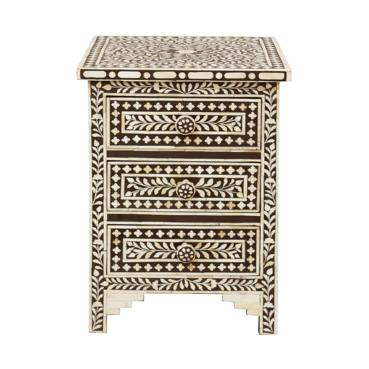 HomeRoots Moroccan Brown and White Bone 3 Drawer Accent Cabinet