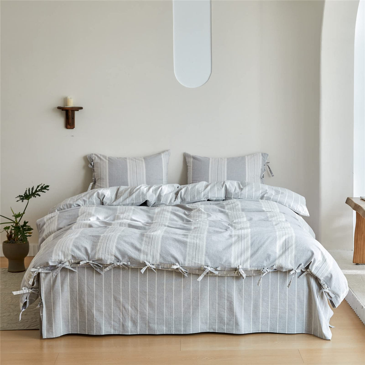 Biselina Striped Duvet Cover Set 3Pcs 100% Washed Cotton Linen Like Textured With Bowknot Bow Ties Strap Reversible Breathable S