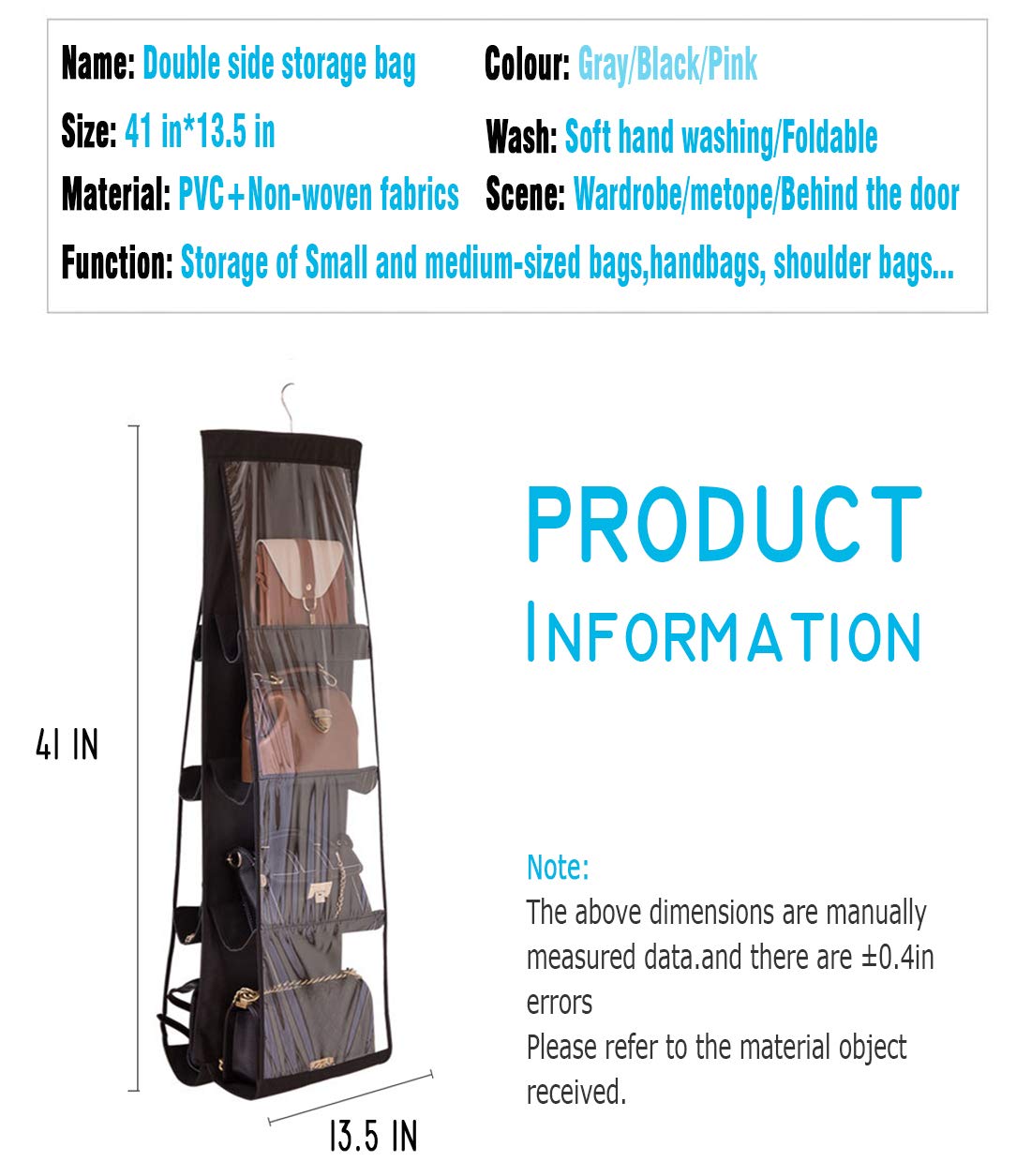 Aarainbow 1 Pack Hanging Handbag Purse Organizer For Closet, 8 Pockets Wardrobe Space Saving Purse Holder, Handbag Storage Bags Hanging, Womens Purse Storage Organizers, 41L X13.5W (B-Dark Gray)