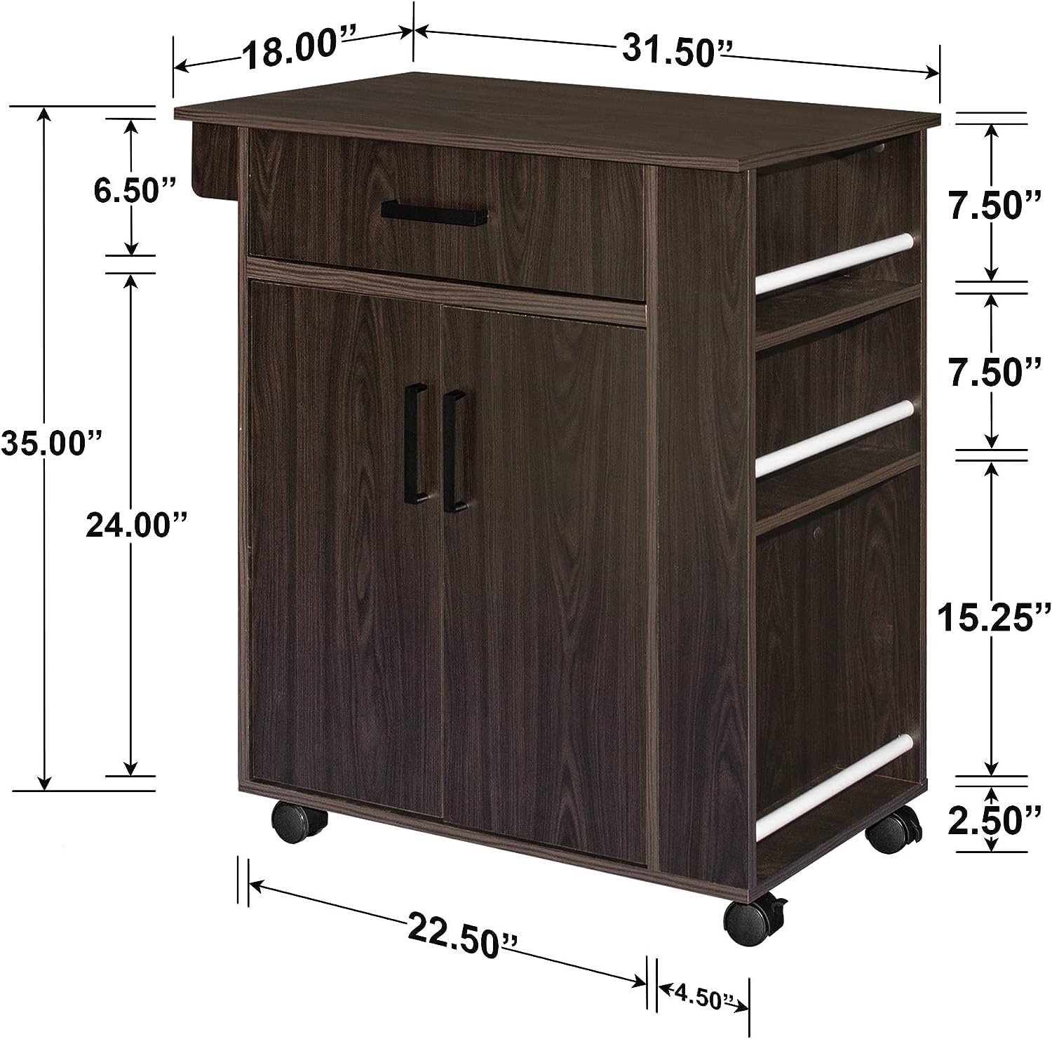 Woodpeckers Furniture And Mattress Shelby Rolling Kitchen Cart with Storage Cabinet (Tobacco)