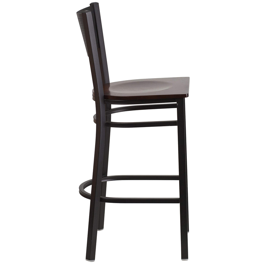 Flash Furniture HERCULES Series Black Grid Back Metal Restaurant Barstool - Walnut Wood Seat