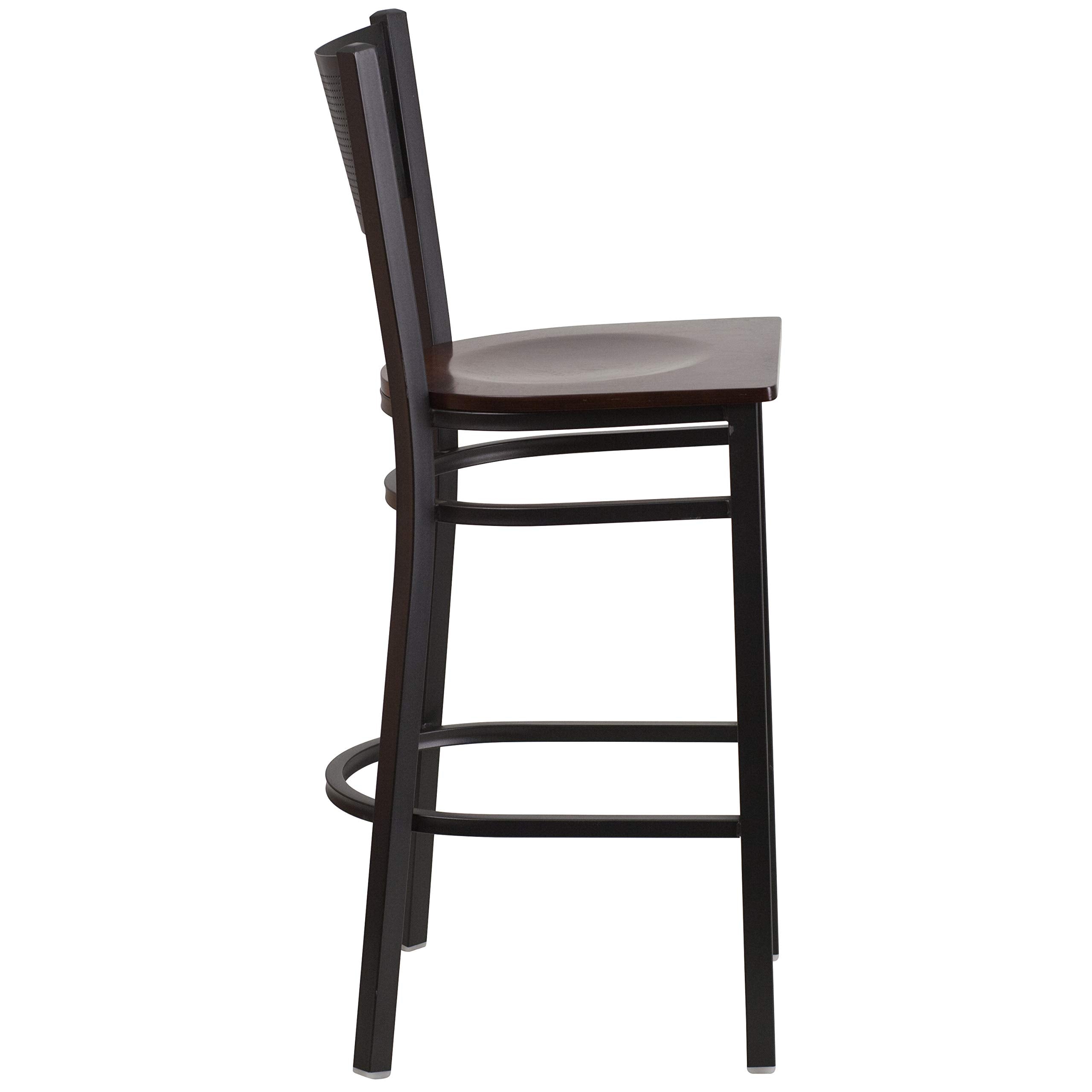 Flash Furniture HERCULES Series Black Grid Back Metal Restaurant Barstool - Walnut Wood Seat