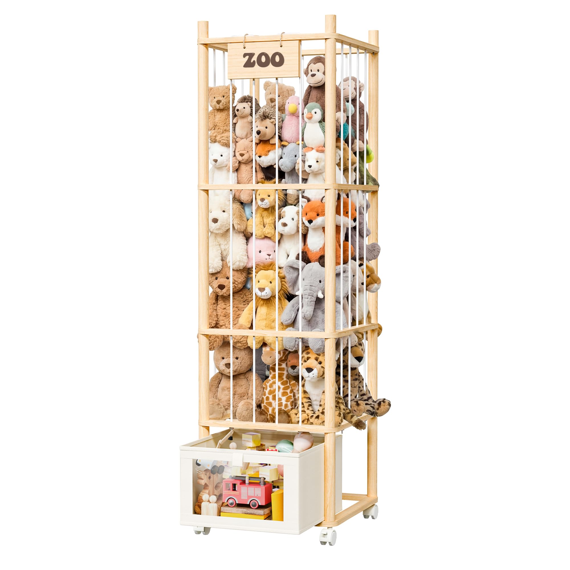 upsimples 58in Stuffed Animal Storage with Drawer and Wheels, Natural Wood Large Capacity Plushies Holder & Organizer for Bedroo