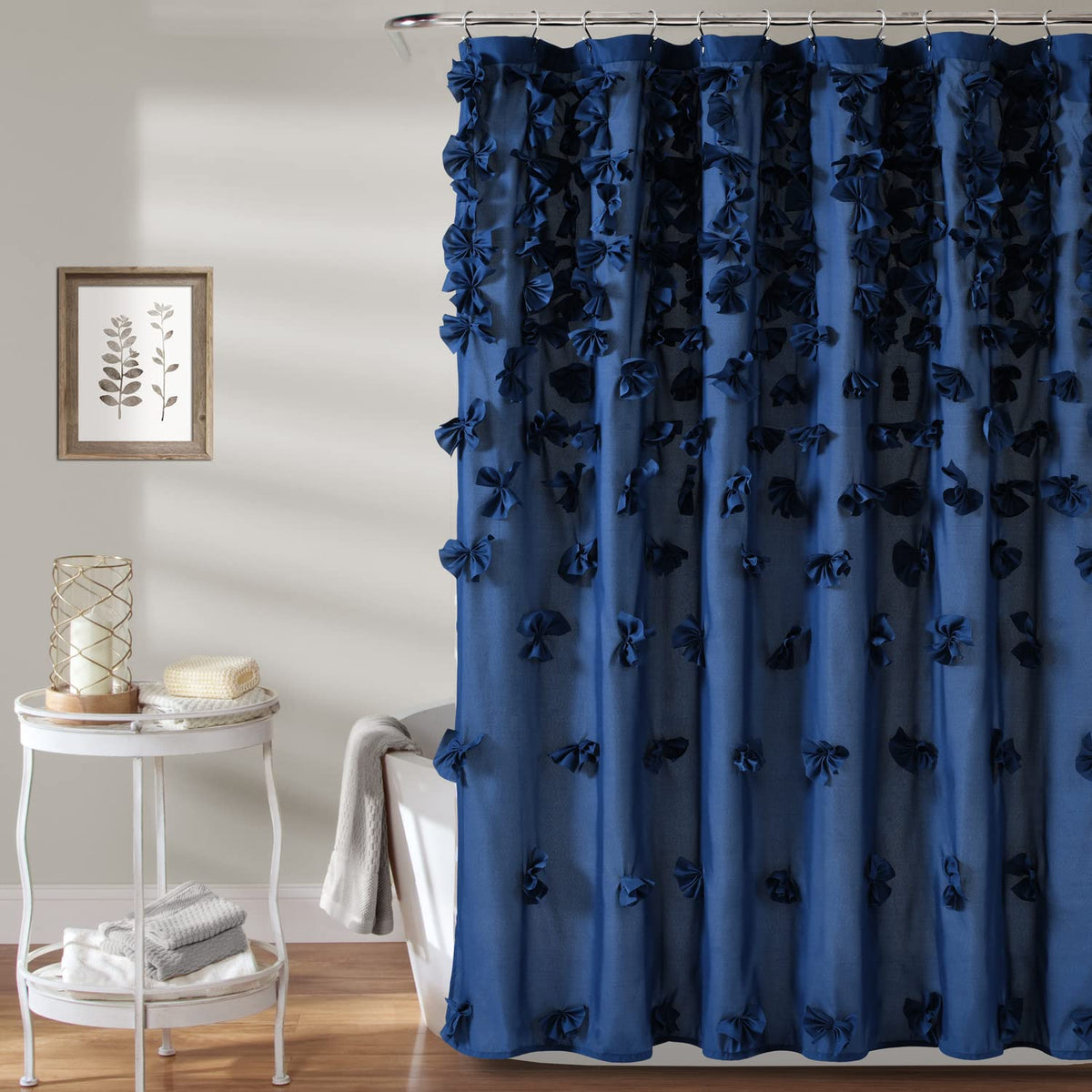 Lush Decor Riley Shower Curtain Bow Tie Textured Fabric Vintage Chic Farmhouse Style Bathroom Decor, 0, Navy