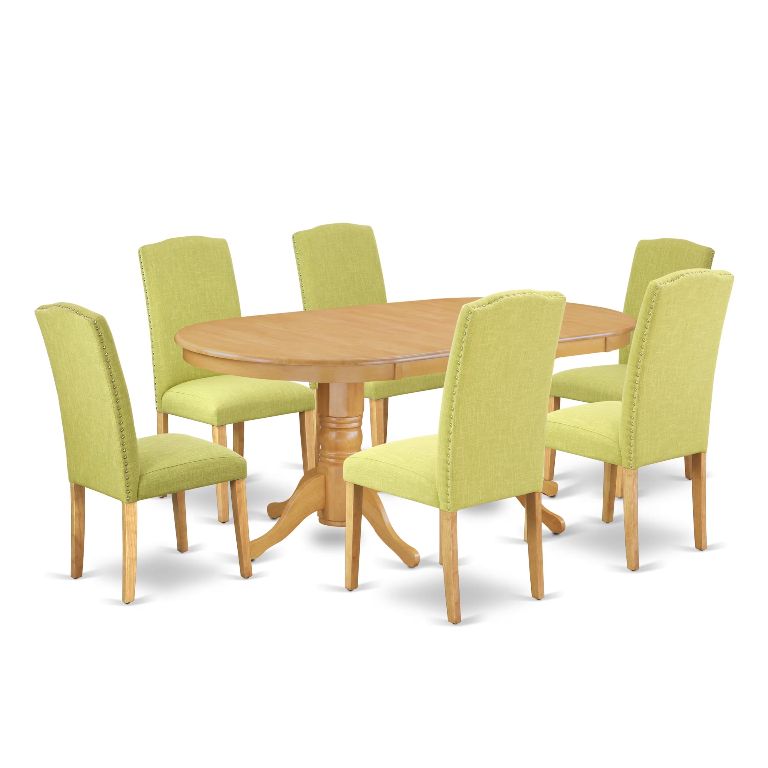 East West Furniture Vaen7-Oak-07 7 Piece Kitchen Table Set Consist Of An Oval Dining Table With Butterfly Leaf And 6 Limelight Linen Fabric Parson Dining Chairs, 40X76 Inch, Oak