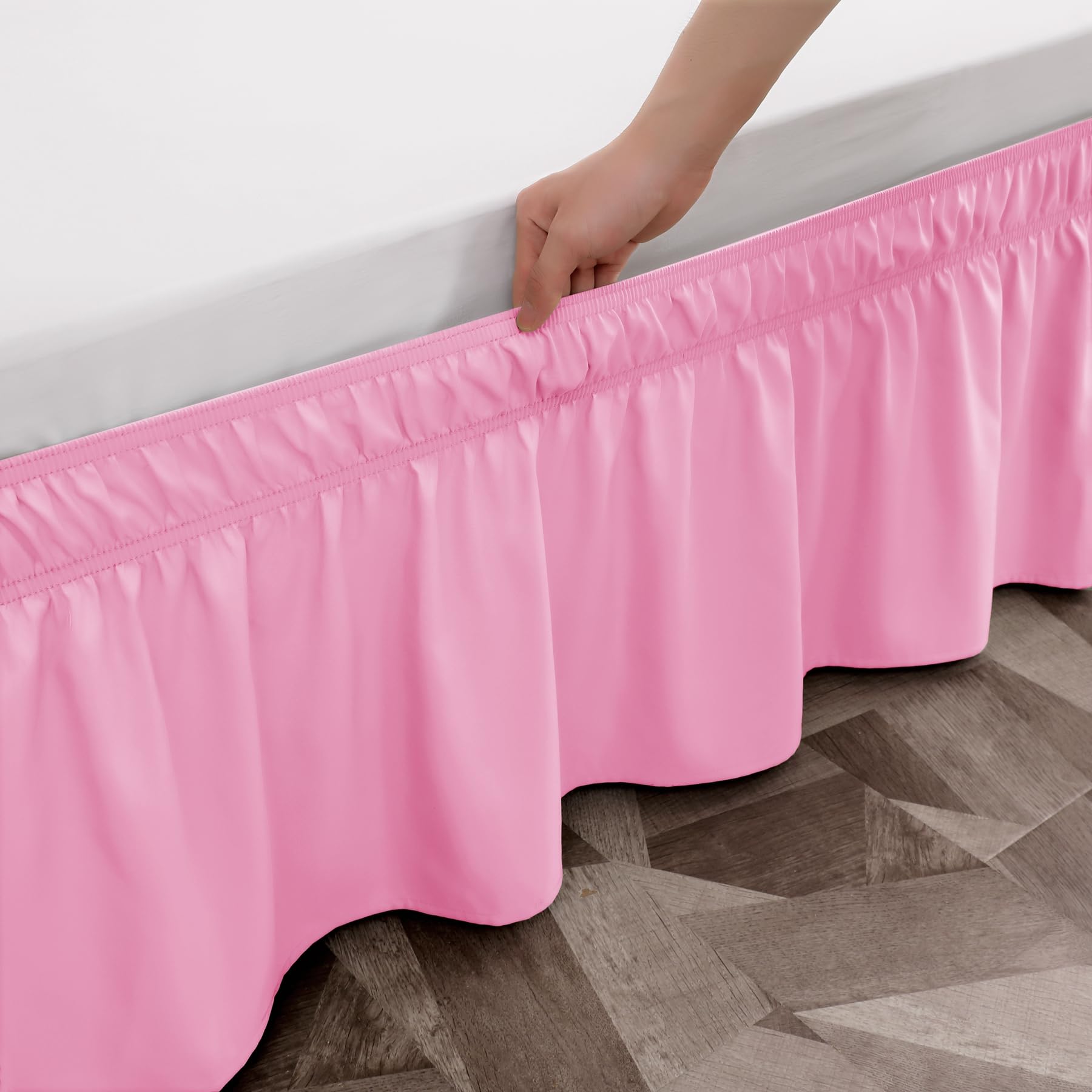Toodou Wrap Around Ruffled Twin Bed Skirt With Elastic Belt, Pink Bedskirt 16 Inch Drop Easy To Put On