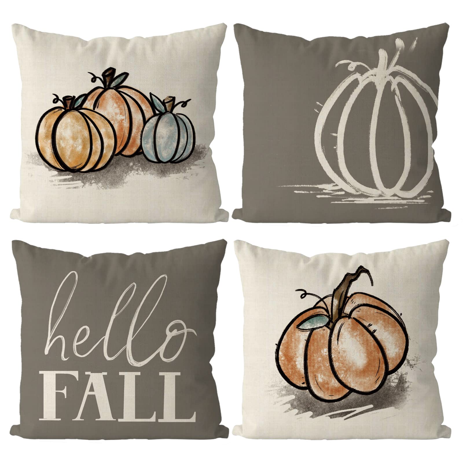 Gagec Fall Pillow Covers 18X18 Inch Pumpkins Grey Autumn Harvest Hello Fall Throw Pillowcase Holiday Home Decor Sofa Bedroom Cus