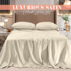 Elegant Comfort Luxurious 4-Piece Silky Satin Sheet Set, Skin And Hair Friendly, Wrinkle, Fade, Stain Resistant With Deep Pockets Fitted Sheet, Cooling Soft Satin Sheet Set, Cali King, Cream