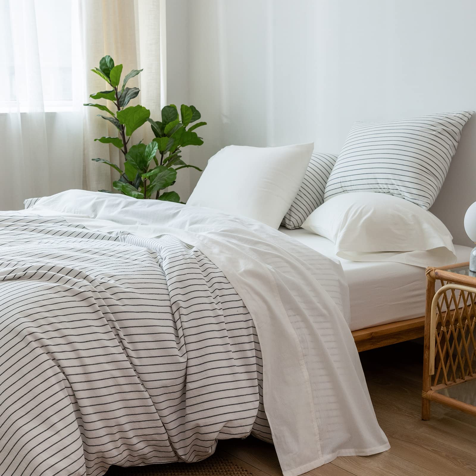 Moomee Bedding Sheet Set 100% Washed Cotton Linen Like Textured Breathable Durable Soft Comfy (Off White, King)