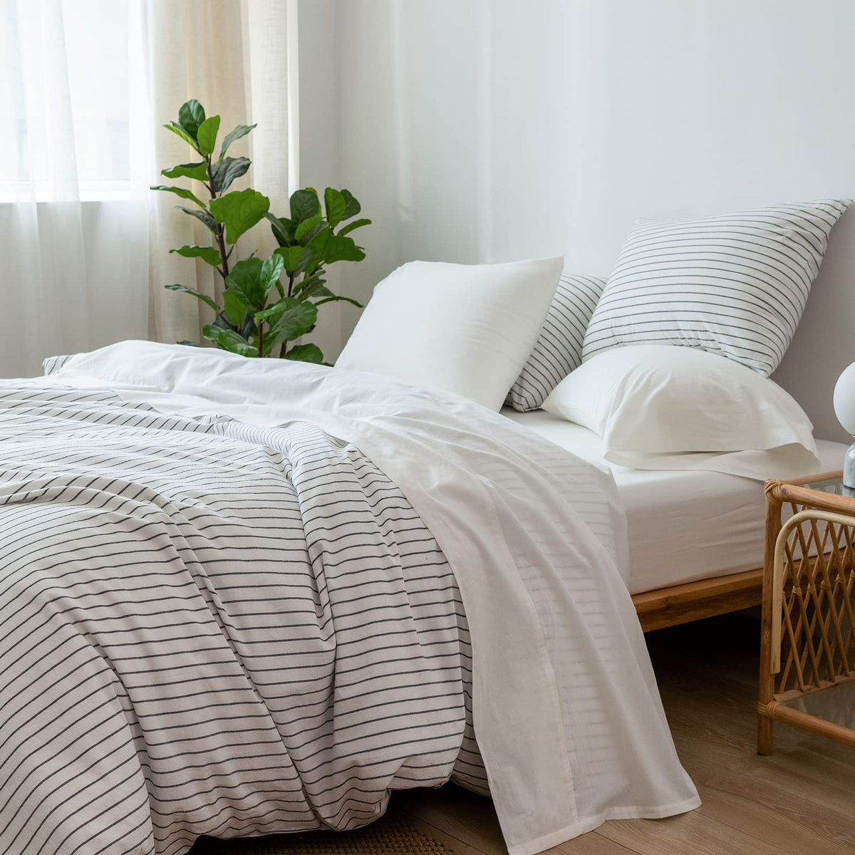 Moomee Bedding Sheet Set 100% Washed Cotton Linen Like Textured Breathable Durable Soft Comfy (Off White, Queen)