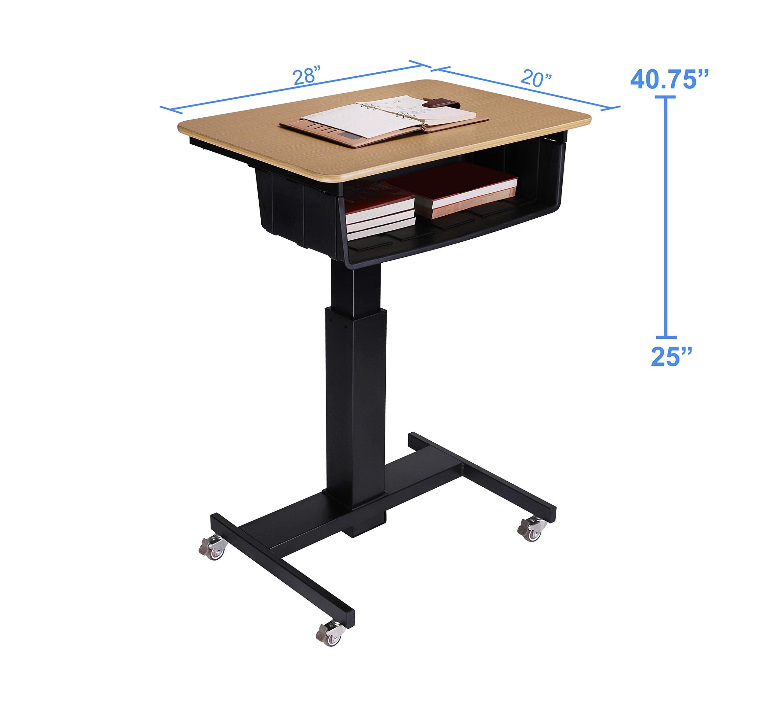Rocelco 28&quot; Height Adjustable Mobile School Standing Desk with Book Box Bundle- Quick Sit Stand Up Home Computer Workstation - Gas Spring Assist Office Laptop Riser Cart - Wood Grain (R MSD-28-BB)