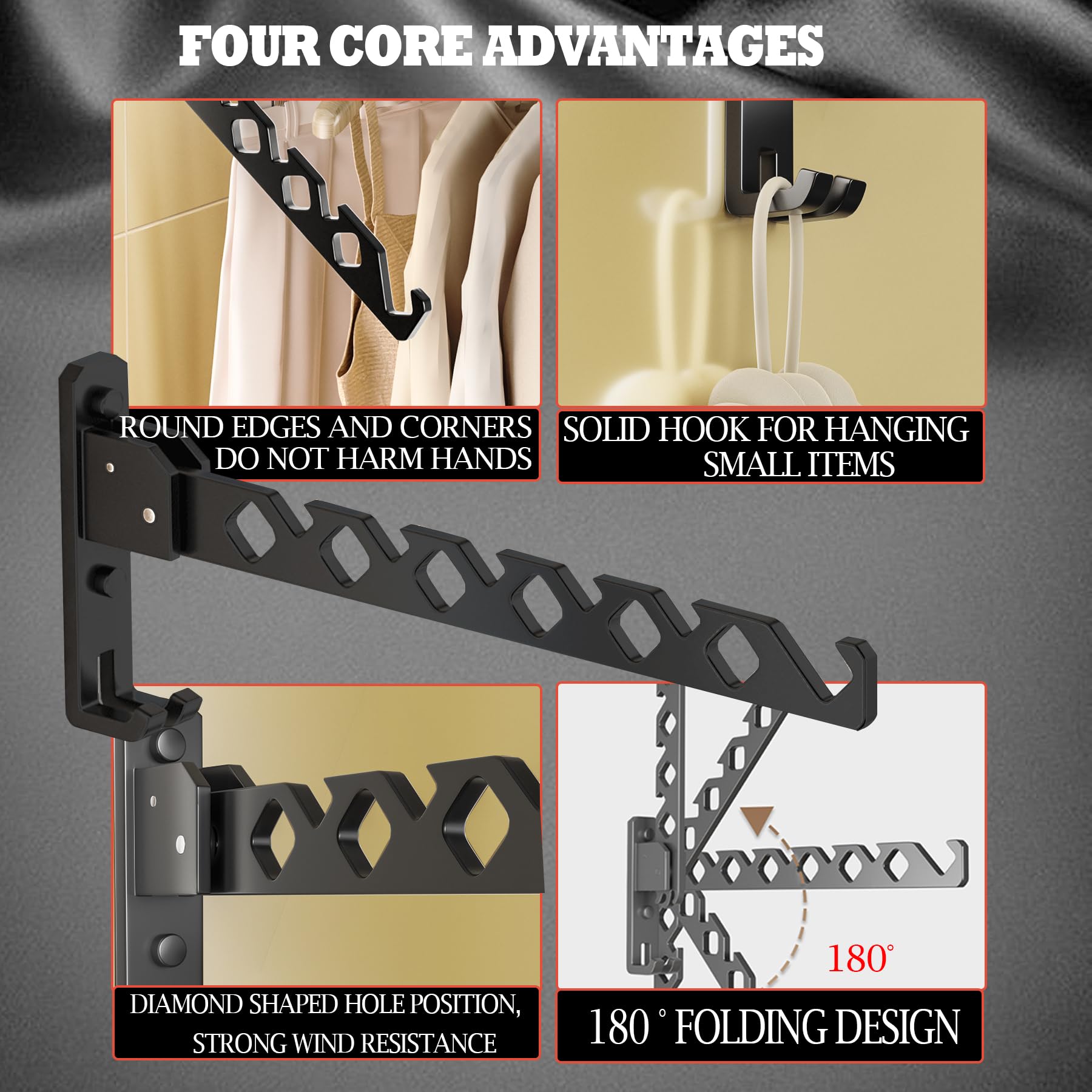 Dr.Dj Wall Mount Coat Hanger Holder Black Clothes Drying Organizer Rack Garment Hooks Aluminium Retractable Folding Indoor Wall