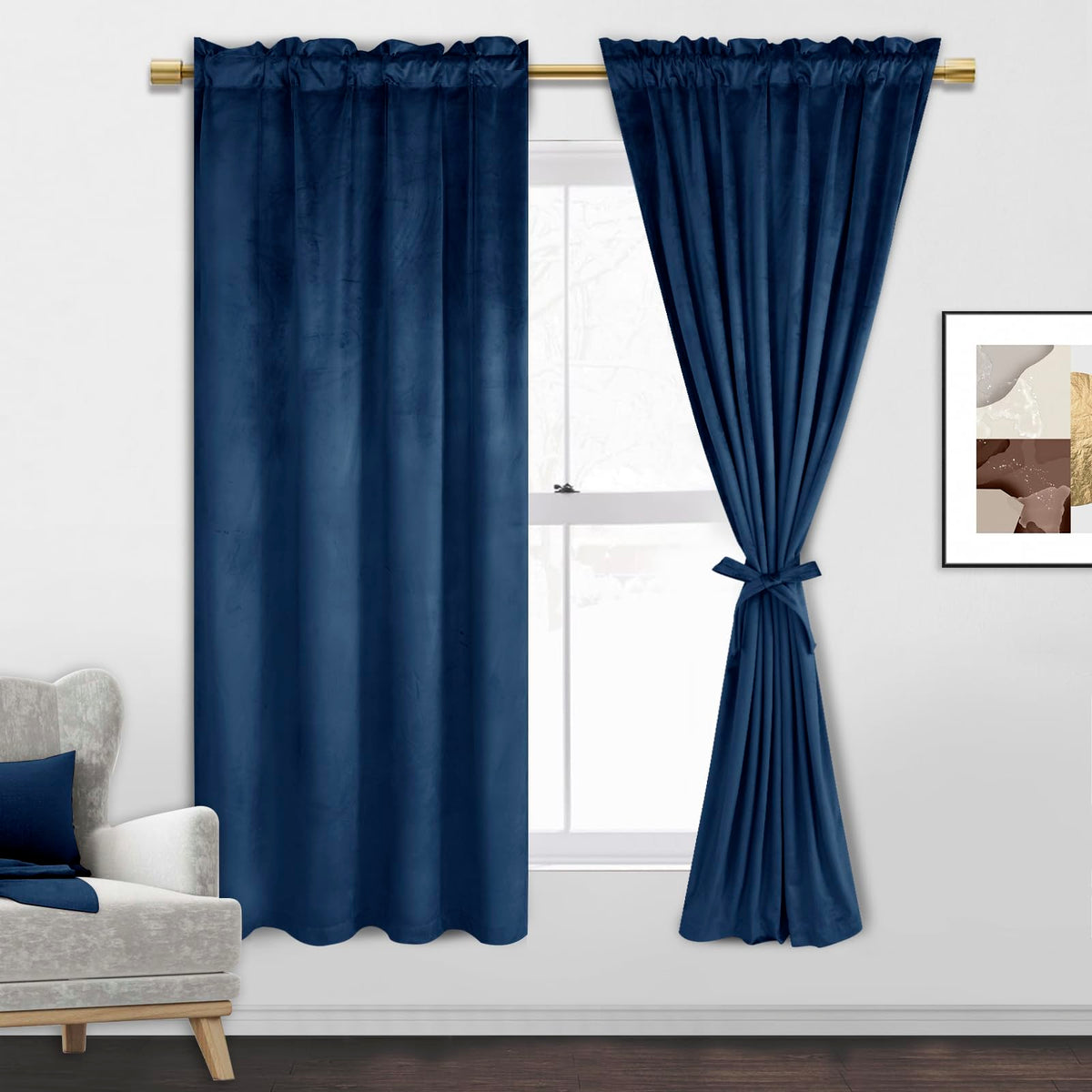 Jiuzhen Navy Velvet Curtains 63 Inches For Living Room - Soft Retro Blackout Velvet Drapes Rod Pocket Room Darkening Thermal Ins