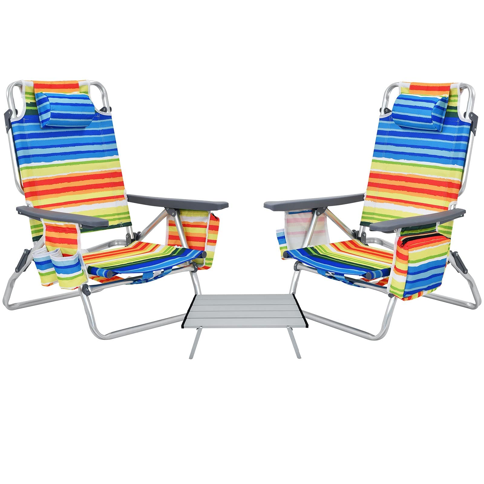 Giantex Folding Camping Chair, 3 PCS Beach Chair and Aluminum Table Set, Patio Sling Chairs with 5 Adjustable Position, Backpack