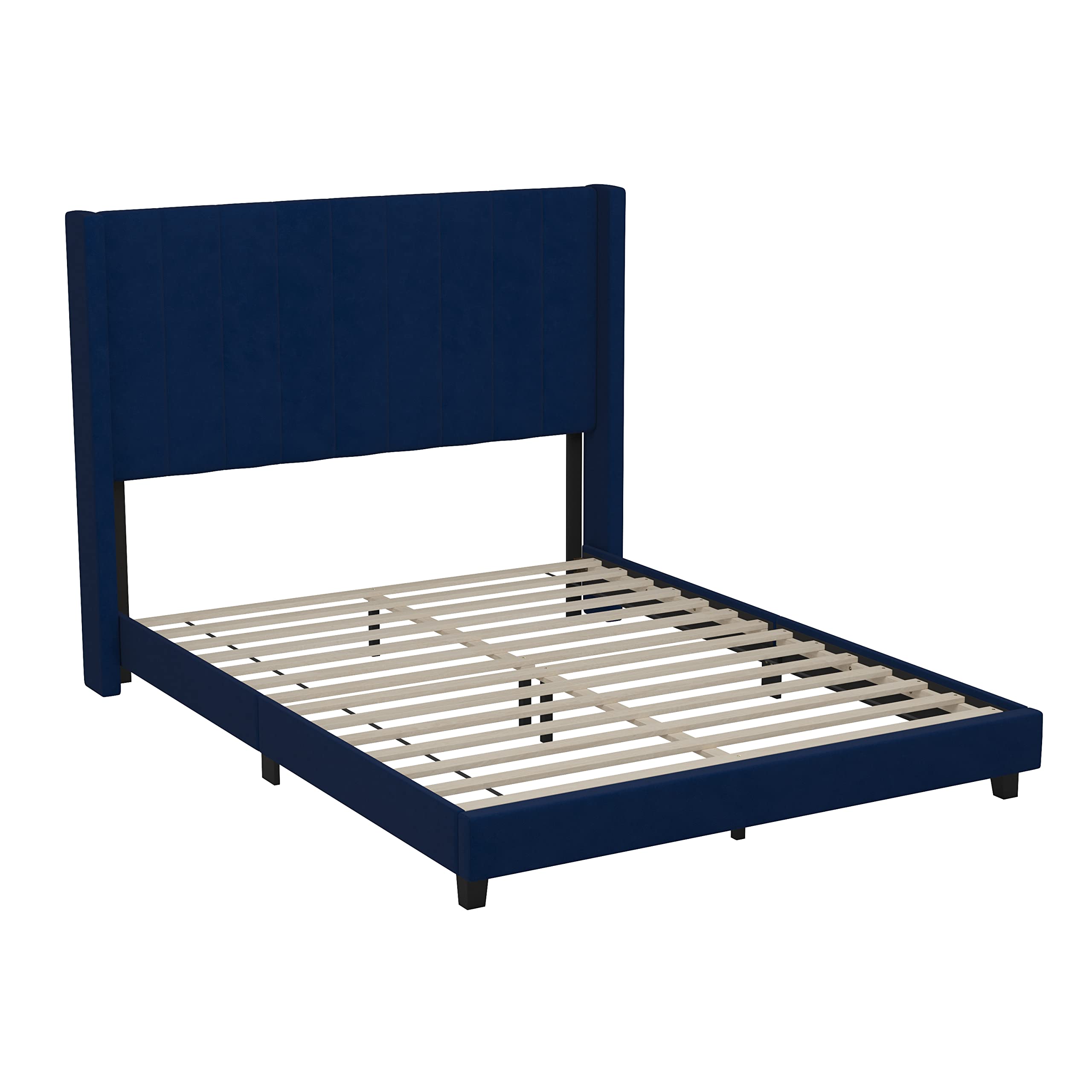Flash Furniture Bianca Upholstered Platform Bed - Navy Velvet Upholstery - Queen - Wingback Headboard - Slatted Mattress Foundation - No Box Spring Needed