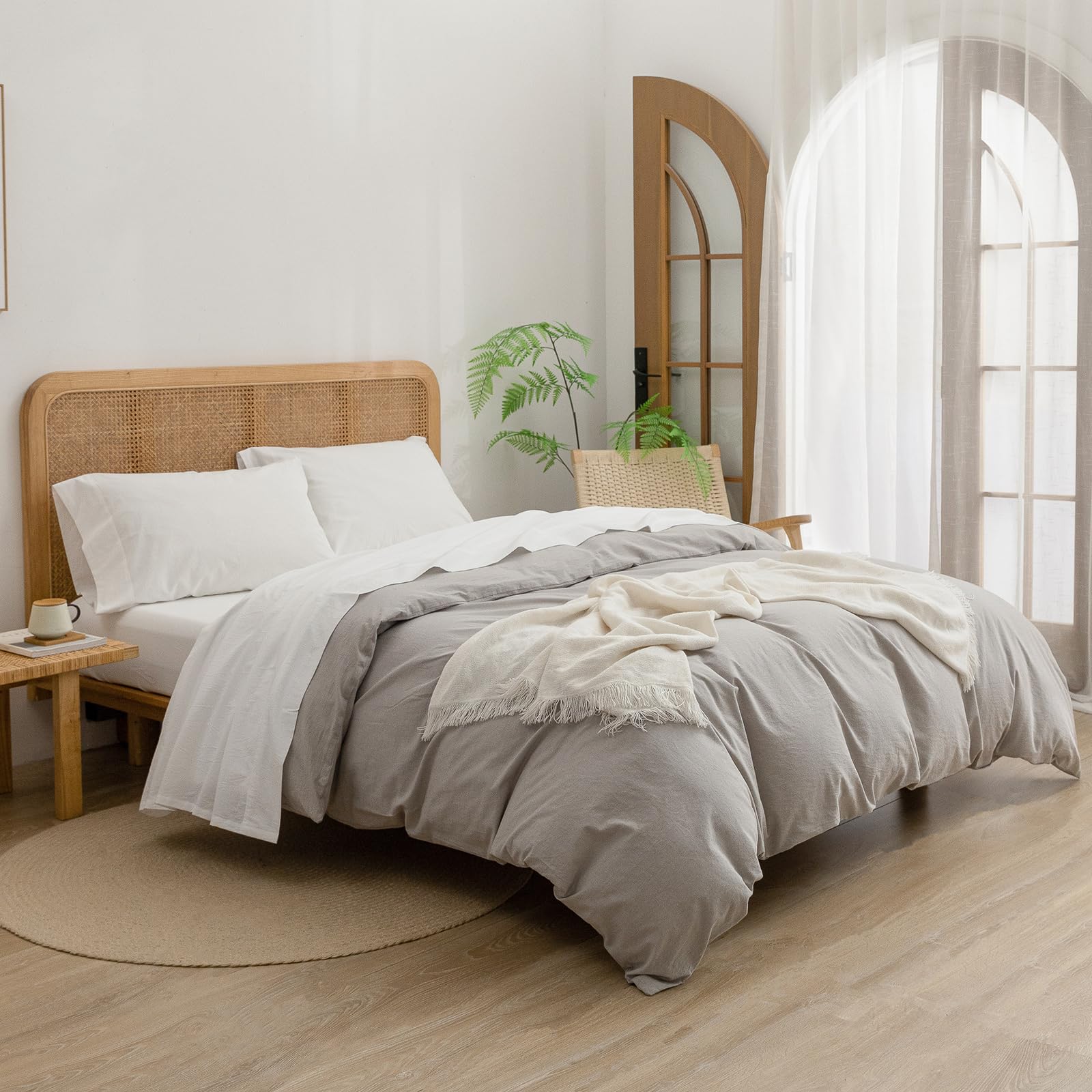 Bestouch Sheet Set 100% Washed Cotton Linen Feel Super Soft Comfortable Chic Lightweight 3 Pcs Home Bedding Set Solid Off White