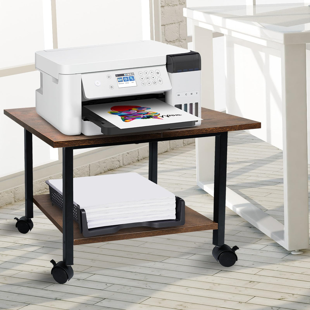 Storenization Printer Stand With Storage Shelf, Small Printer Stand For Desk Office Home, Under Desk Printer Table With Rolling