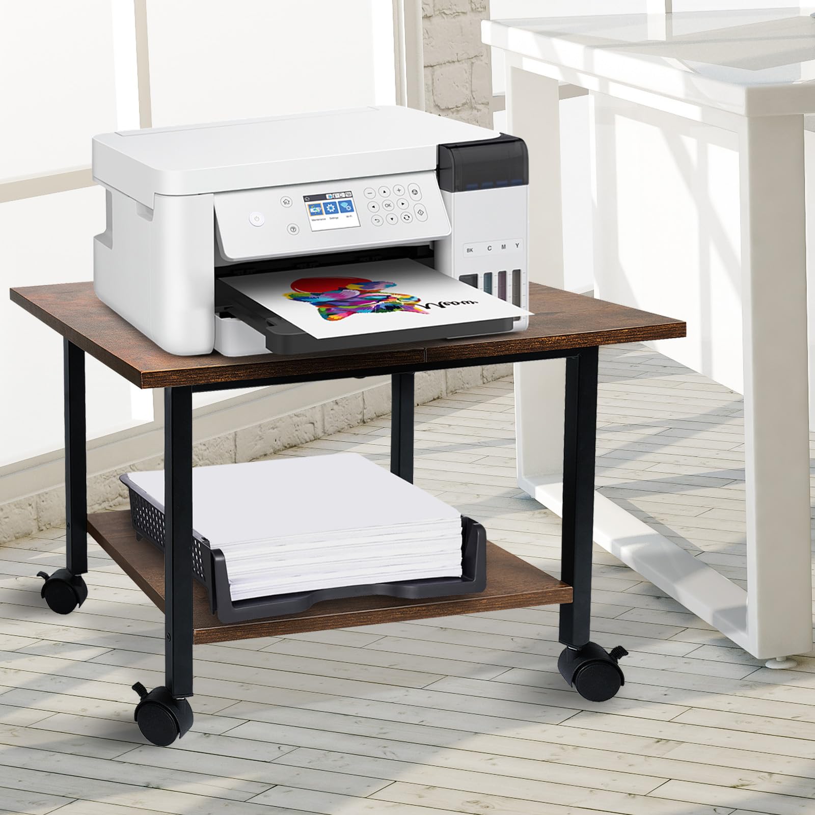Storenization Printer Stand With Storage Shelf, Small Printer Stand For Desk Office Home, Under Desk Printer Table With Rolling