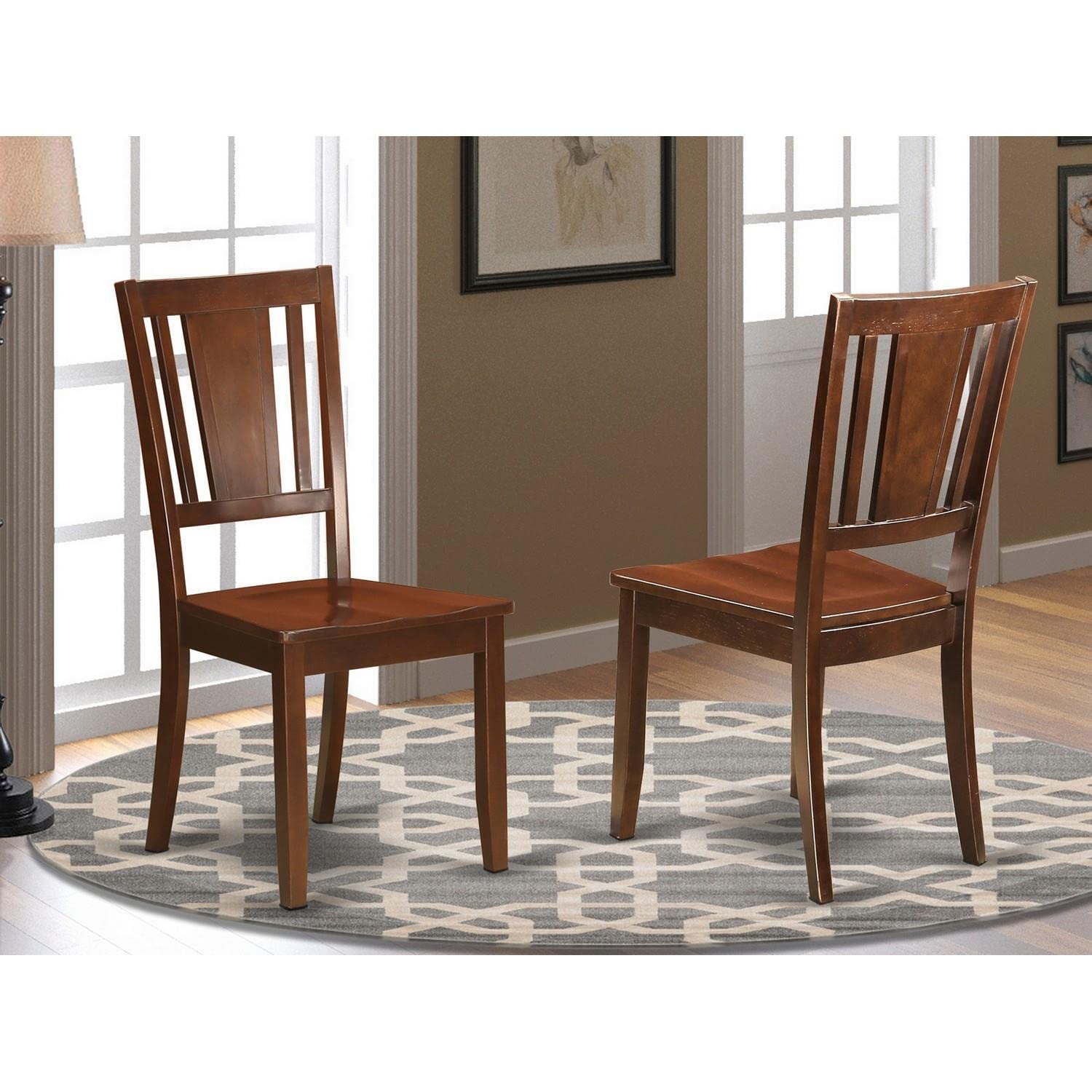 East West Furniture Dudley Dining Room Slat Back Wood Seat Chairs, Set of 2, Mahogany
