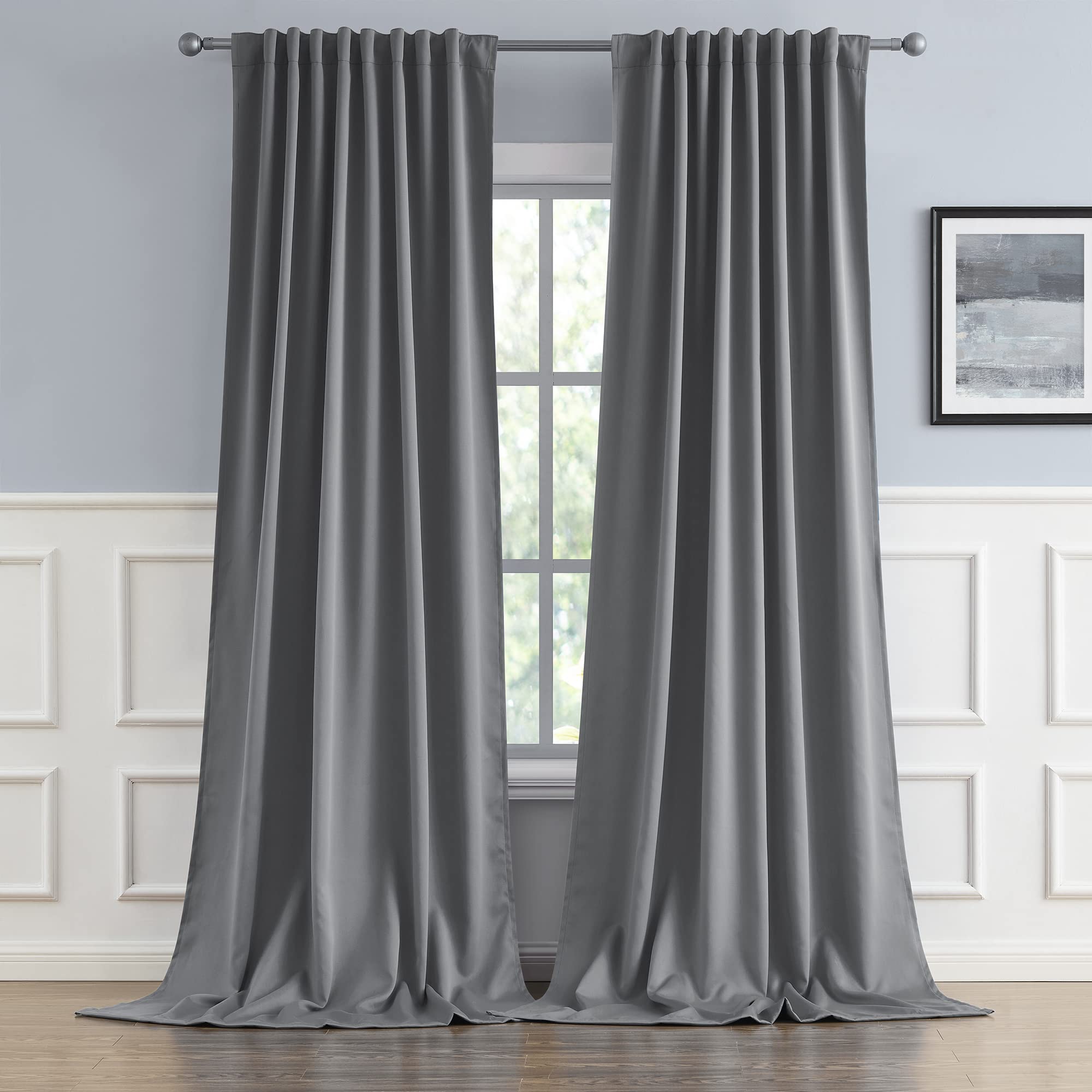 DUALIFE Medium Grey Blackout Curtains 102 Inches Long 2 Panels Set, Back Tab and Rod Pocket Curtains Drapes for Bedroom, Thermal