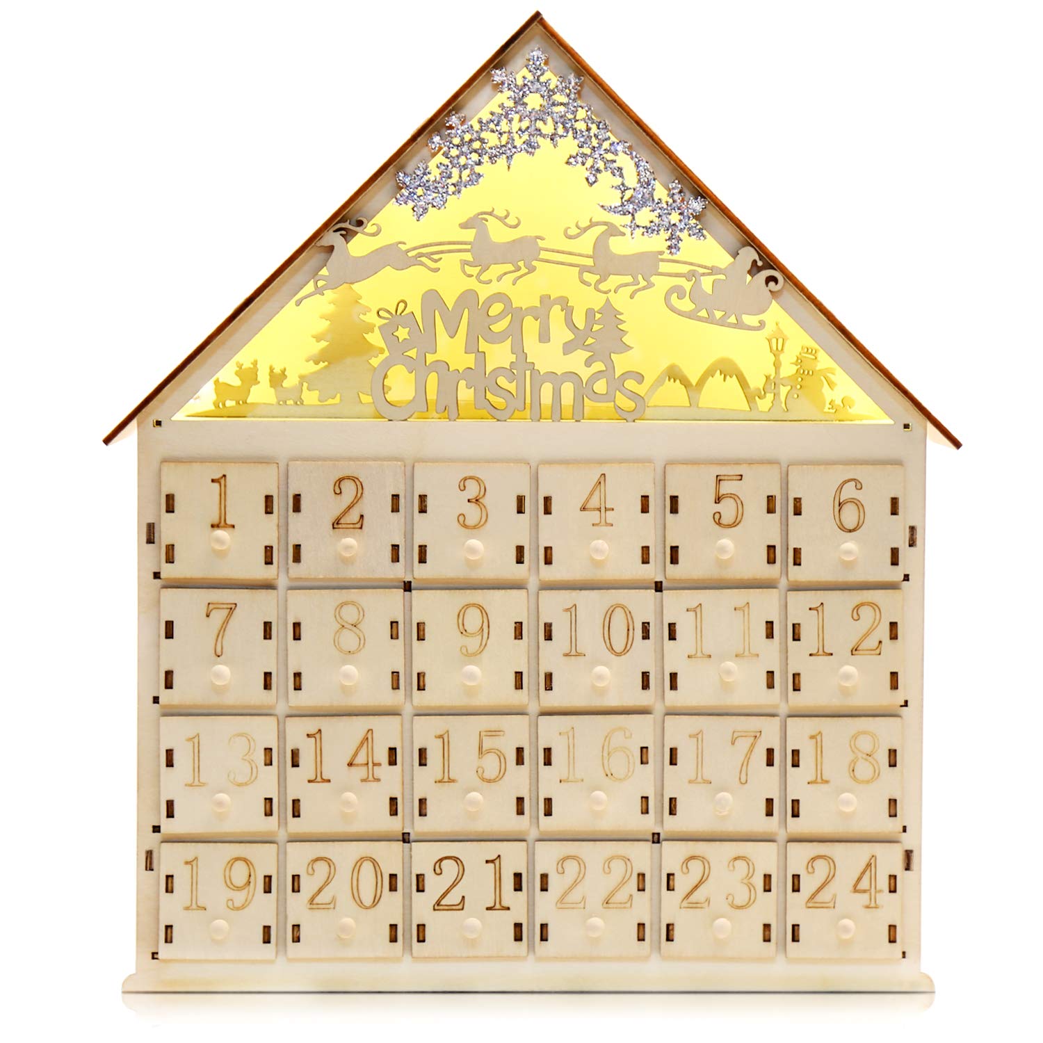 CCINEE Christmas Wooden Advent Calendar with LED Light 24 Storage Drawers Christmas Countdown Calendar for Holiday Decoration
