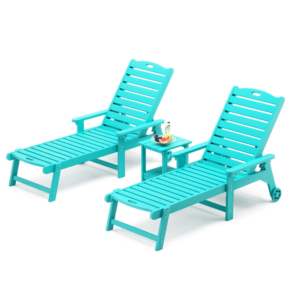 Lue Bona Chaise Lounge Chairs Set With Table, 3-Piece, 79'' Oversized Hdps Chaise Lounger, 5 Positions Adjustable Lounge Chairs, Pool Lounge Chair With Wheels For Poolside, 3 Year Warranty, Aruba Blue