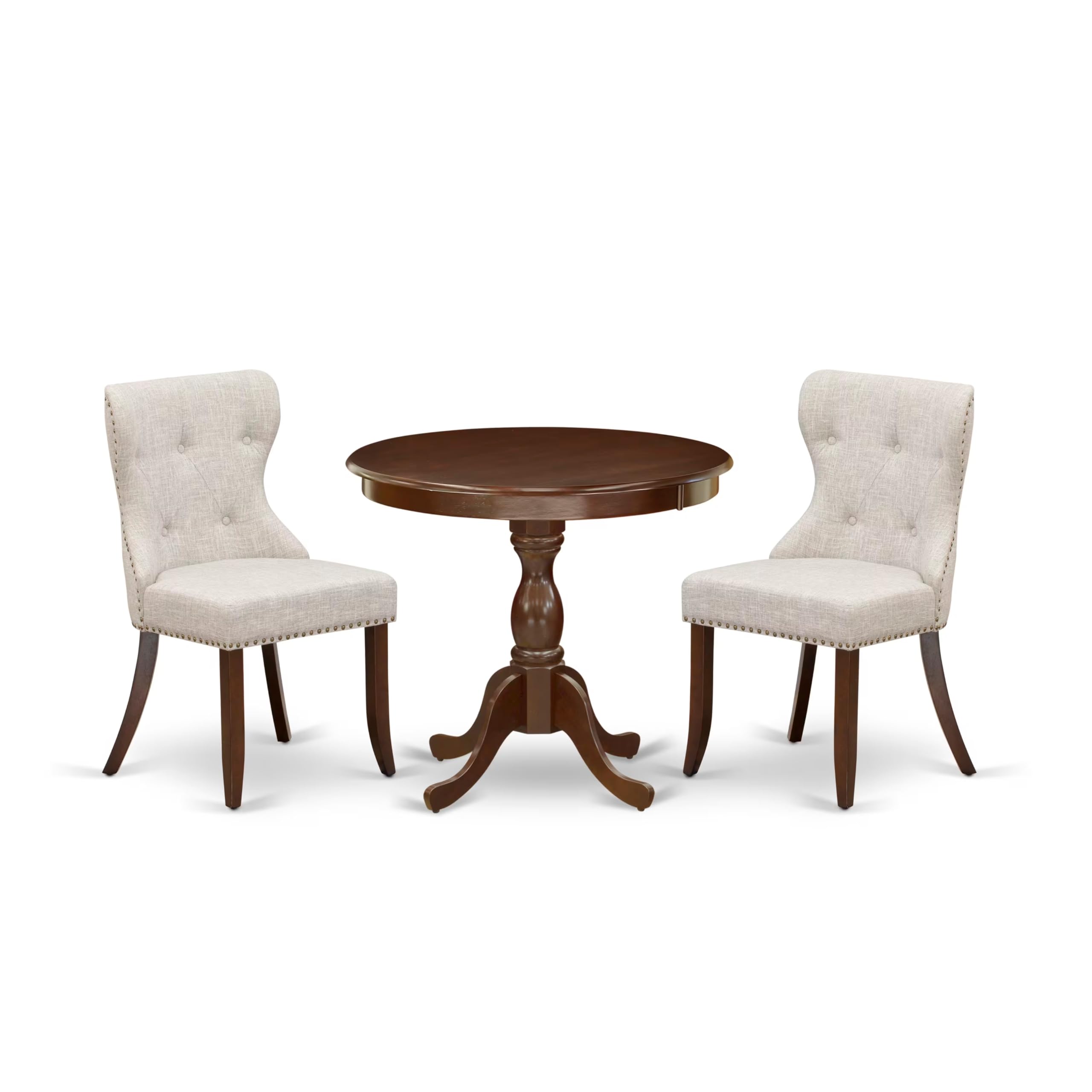 East West Furniture AMSI3-MAH-35 3 Piece Dining Room Table Set Contains a Round Kitchen Table with Pedestal and 2 Doeskin Linen Fabric Parson Dining Chairs, 36x36 Inch, Mahogany