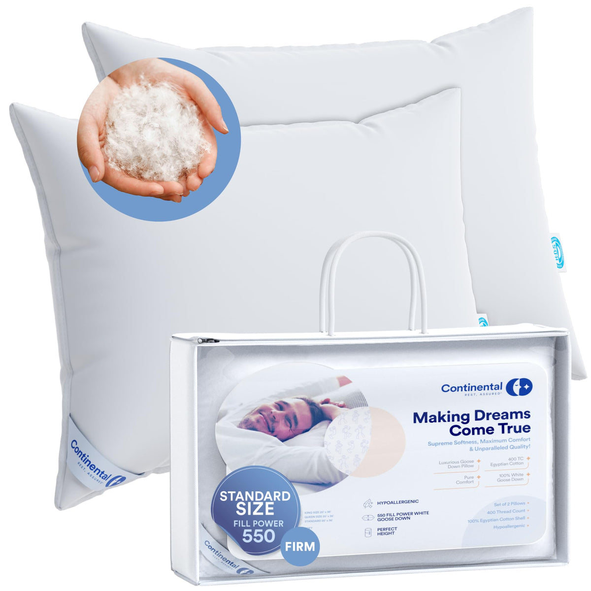 100% Luxury Down Pillows Standard Size Set Of 2 - Family Made In New York - 550 Fill Power, Rds-Certified Goose Down, Cotton Pil