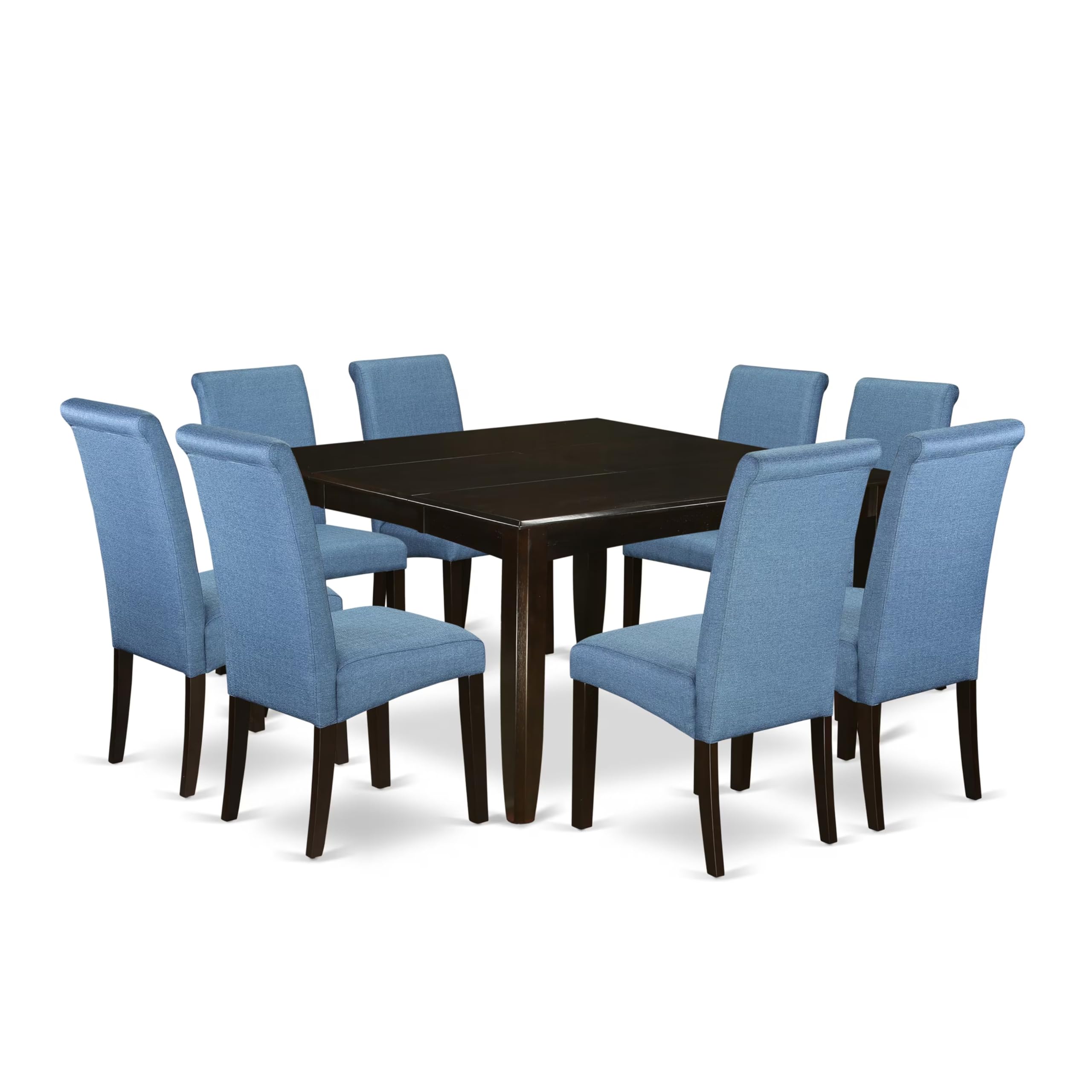 East West Furniture Pfba9-Cap-21 9 Piece Modern Dining Table Set Includes A Square Wooden Table With Butterfly Leaf And 8 Blue Color Linen Fabric Parson Chairs, 54X54 Inch, Cappuccino