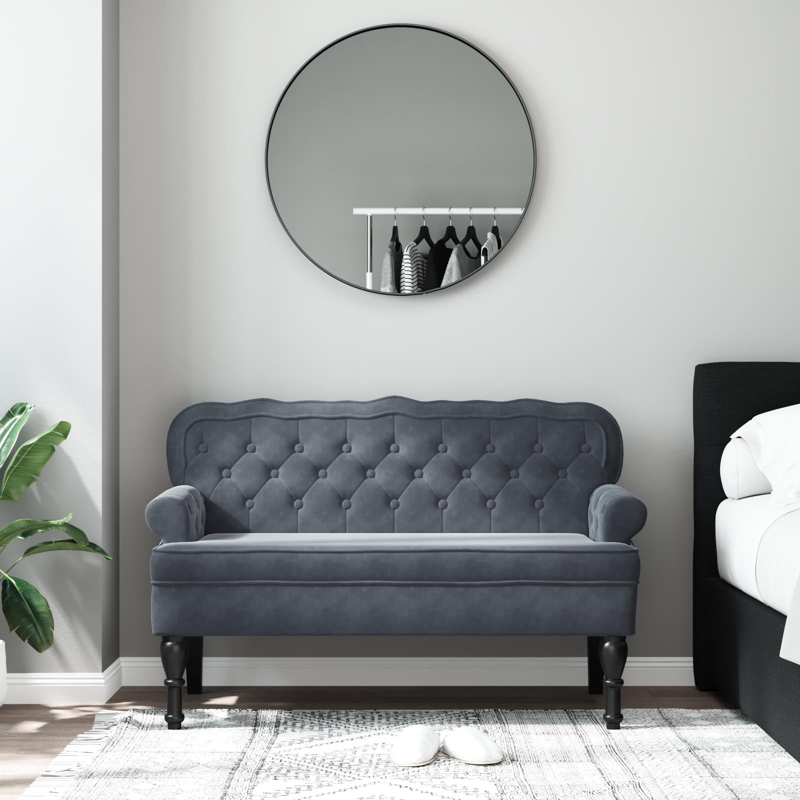vidaXL 47" W Small Loveseat, Velvet Chesterfield Sofa with Button Tufting & Rolled Armrests for Small Spaces, 2 Seater Couch for Living Room & Bedroom, Dark Gray