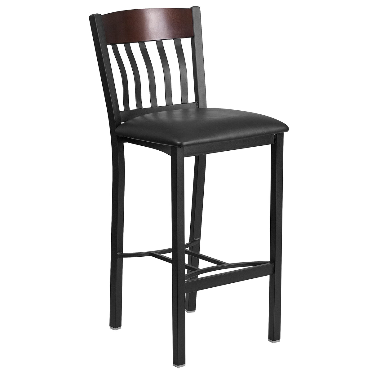 Flash Furniture Eclipse Series Vertical Back Black Metal And Walnut Wood Restaurant Barstool With Black Vinyl Seat