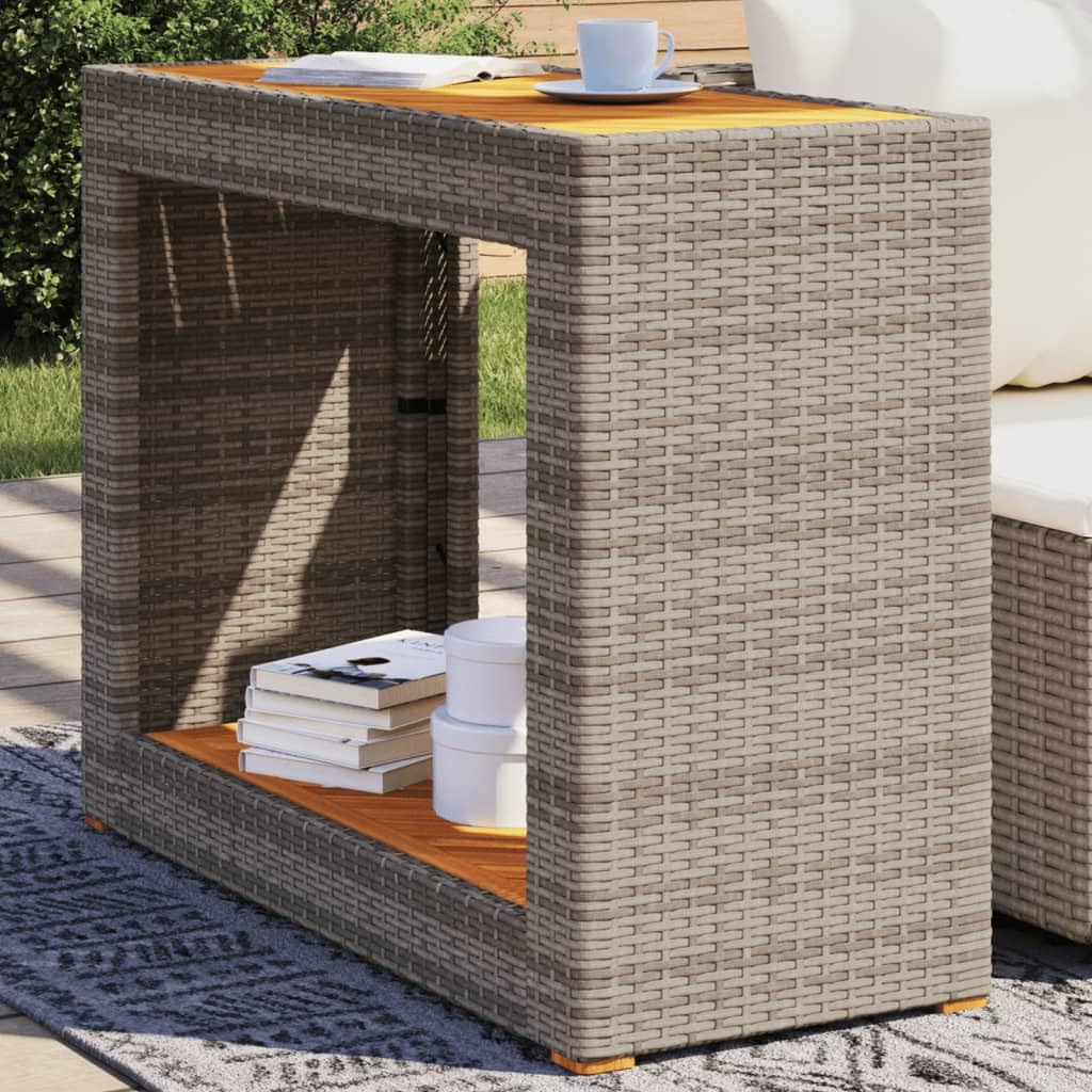 vidaXL Patio Side Table with Wooden Top - Gray & Brown - Poly Rattan - Garden/Backyard/Patio - 39.4"x15.7"x29.5" - Sturdy Powder-Coated Steel Frame