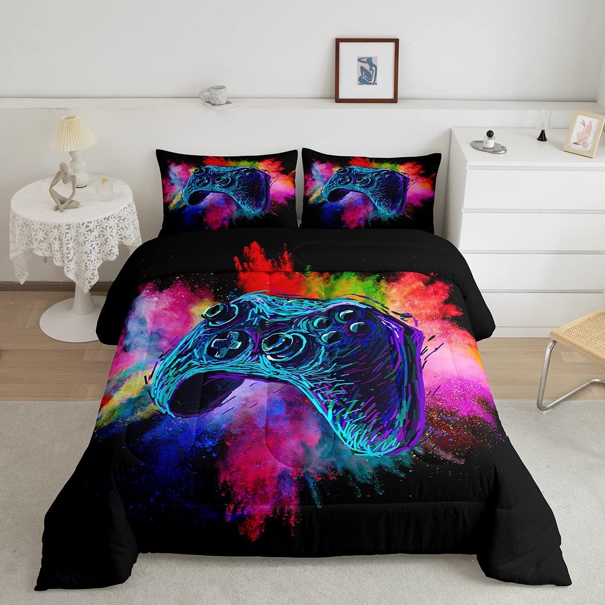 Kids Gamer Twin Size Comforter Set For Boys Teen Gaming Bedding Sets Video Game Room Deocr Girls Colorful Tie Dye Bed Set Navy B