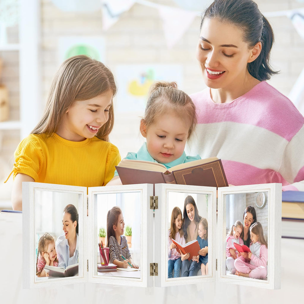 4X6 Four Picture Frame 4 Hinged Photo Frame With 4 Openings, Natural Wood Foldable Photo Frame With High Definition Acrylic For