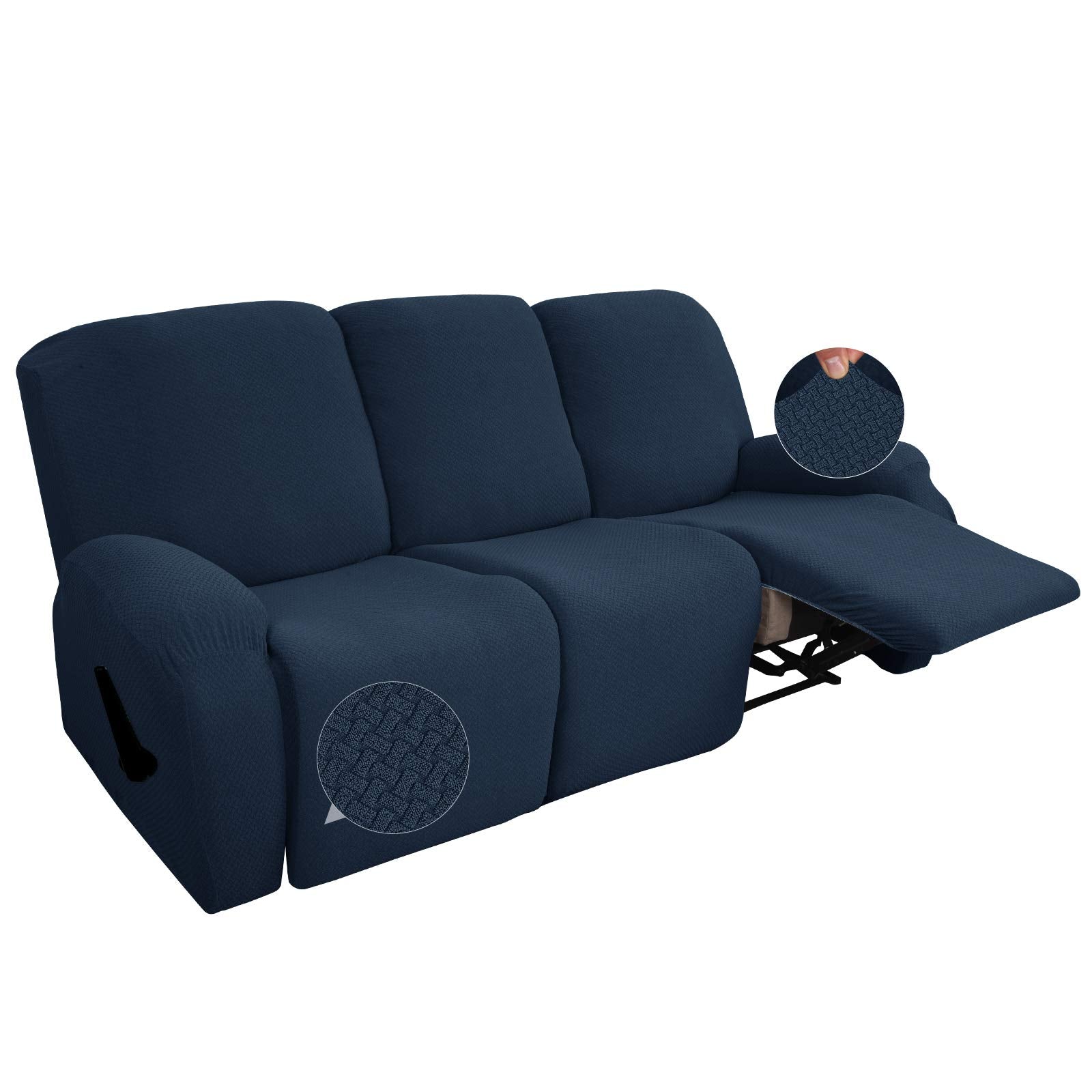 Jiviner Newest Design 8-Piece Recliner Chair Covers Stretch Jacquard Chair Covers For Recliner Recliner Slipcovers For Living Room Soft Recliner Protector With Pocket (Sofa Recliner, Navy Blue)