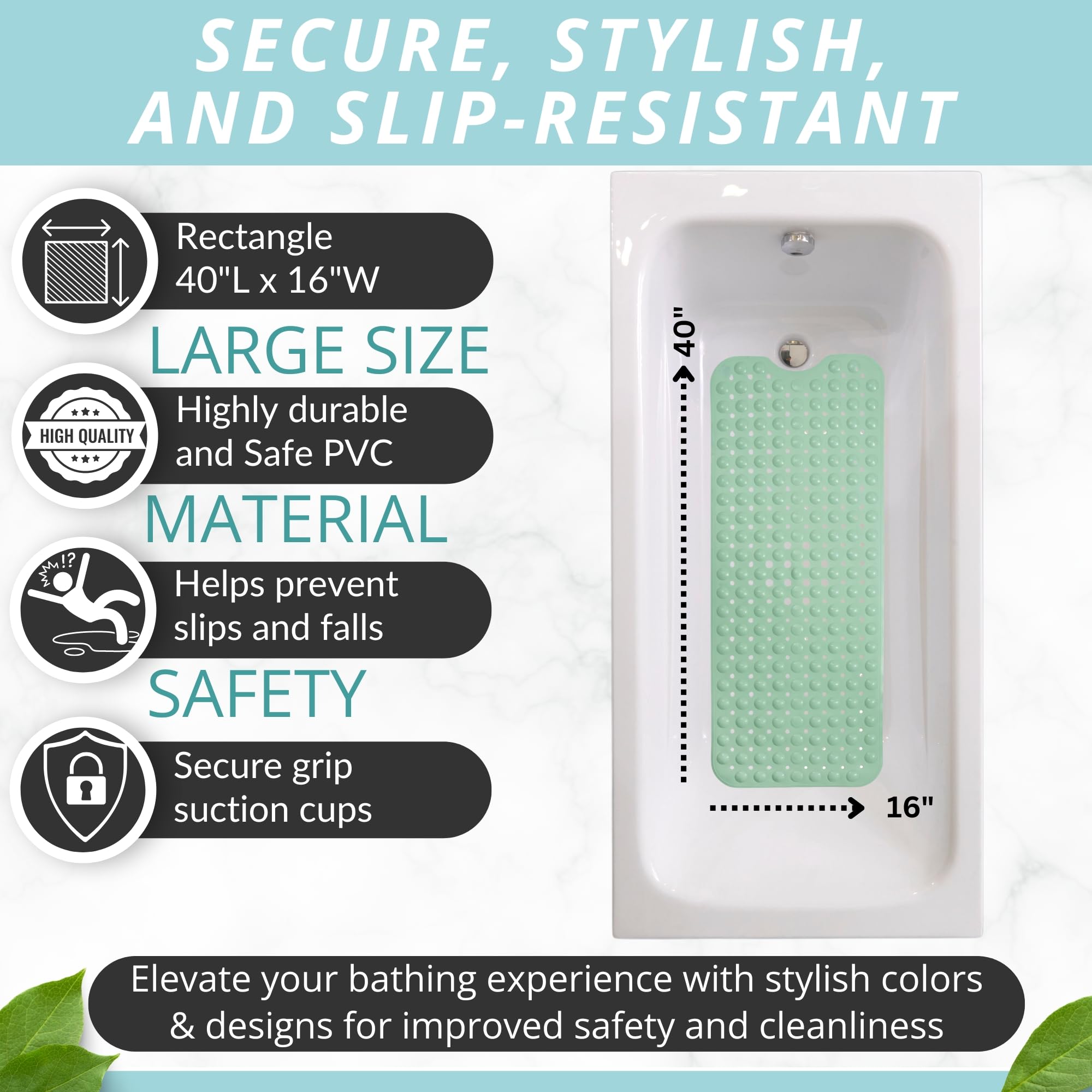 Enkosi Bath Mat - Large Non Slip Bathtub & Shower Mat - Extra Long 40 X 16 Inch Bathroom Mats For Tub Nonslip Anti Slip Bathmats