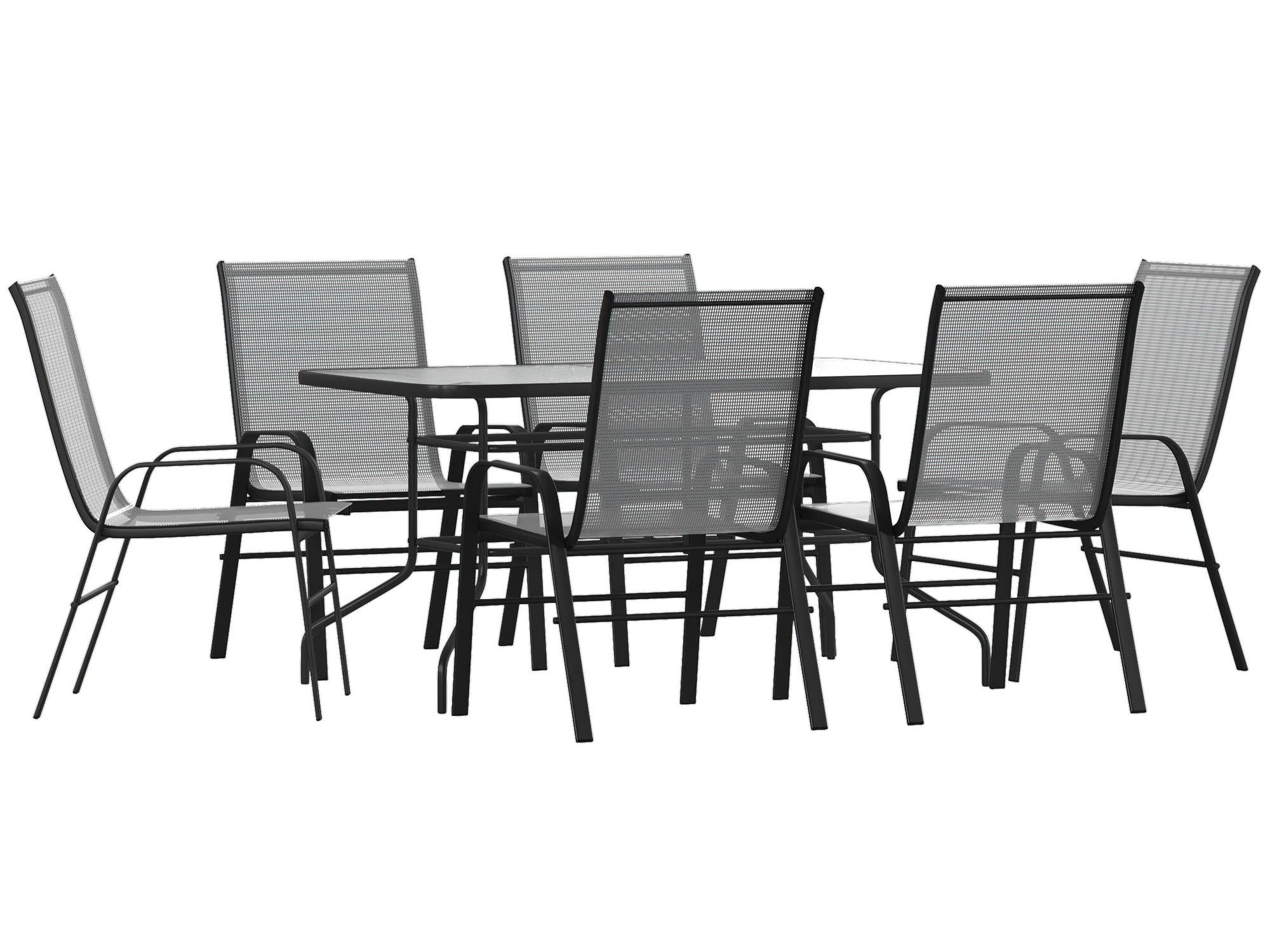 Flash Furniture Brazos Series 7-Piece Glass Patio Table And Chairs Set, Outdoor Patio Dining Set With Rectangular Table And 6 Sling Patio Chairs, Gray