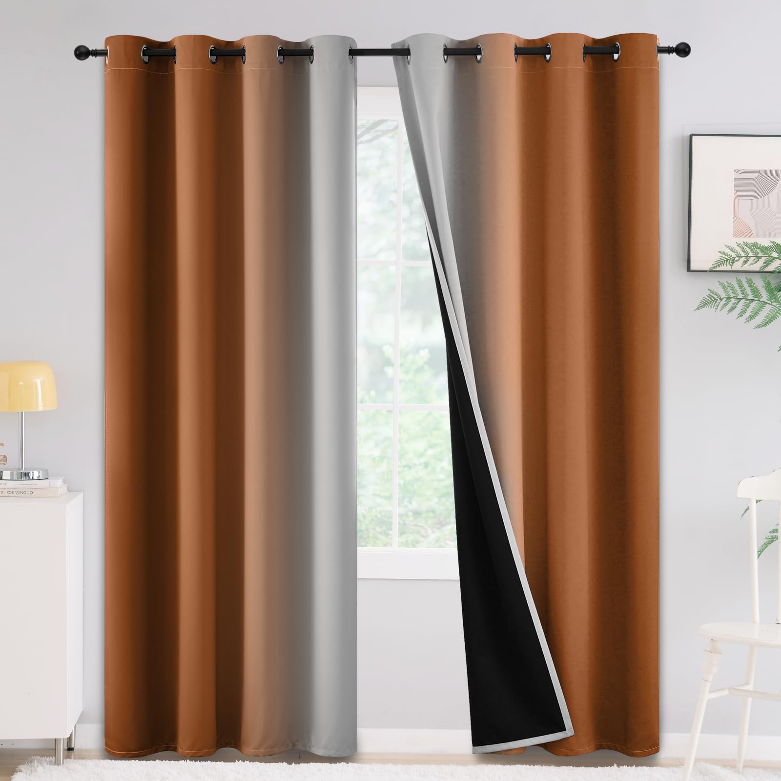Yakamok 100% Blackout Burnt Orange Curtains for Bedroom,Ombre Room Darkening Curtains for Living Room Grommet Window Curtains 84