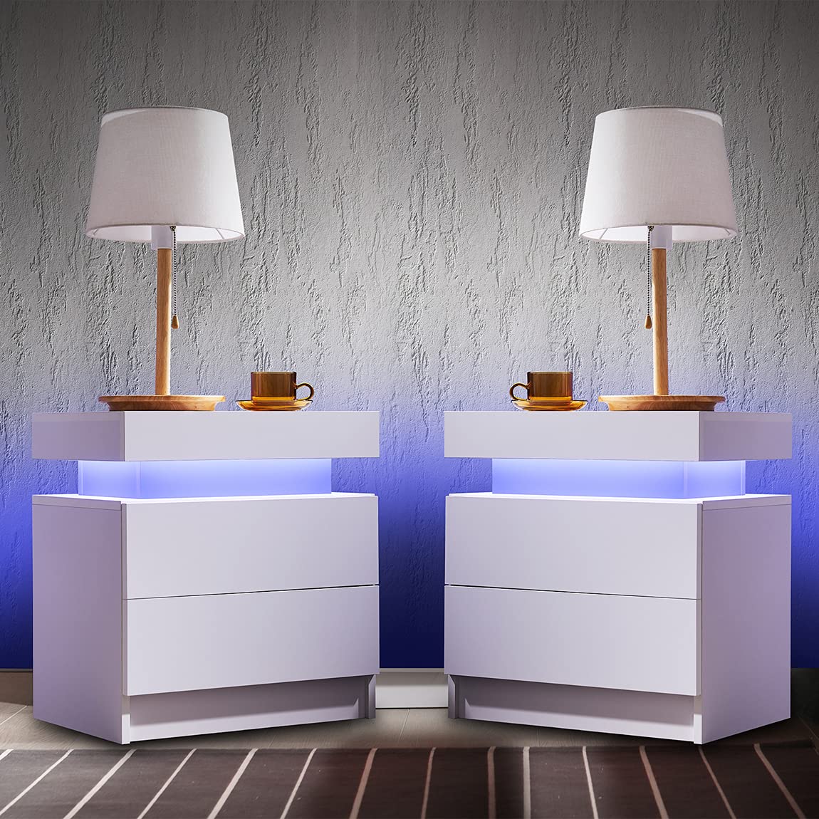 I-Aplus Nightstand Set Of 2 Led Nightstand With 2 Drawers, Bedside Table With Drawers For Bedroom Furniture, Side Bed Table With Led Light, White…