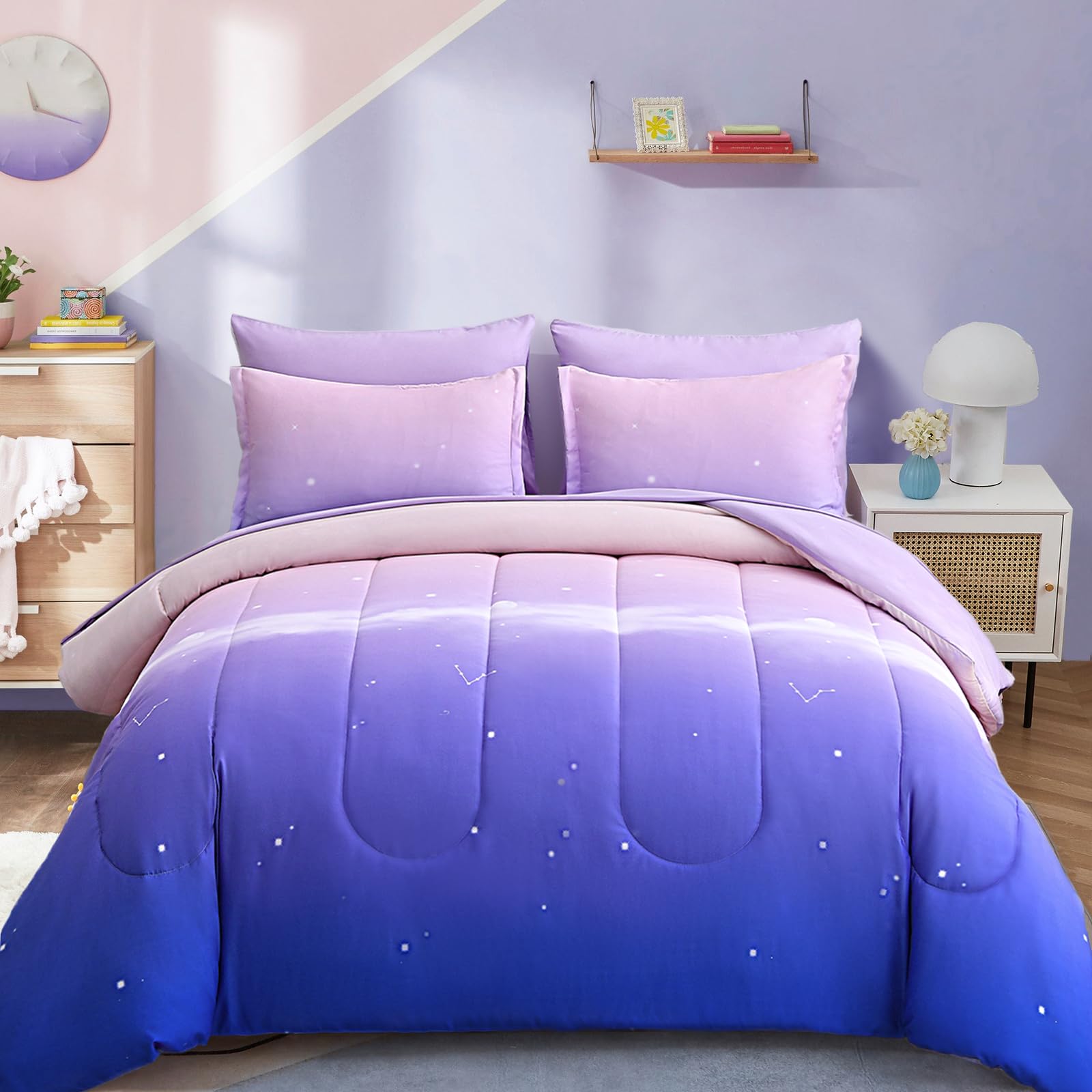 Dinjoy Girls Comforter Set Twin Size Colorful Rainbow Ombre Purple Lavender Pink Bedding Set Gradient 6 Pieces Bed in A Bag for 