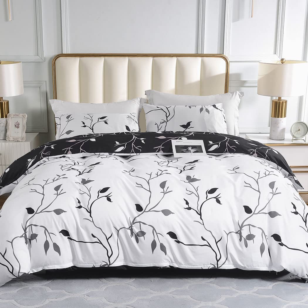 Lekesky Reversible Duvet Cover King Size, White Black Tree Branch Pattern Comforter Cover King 3Pc Super Soft Microfiber Breatha