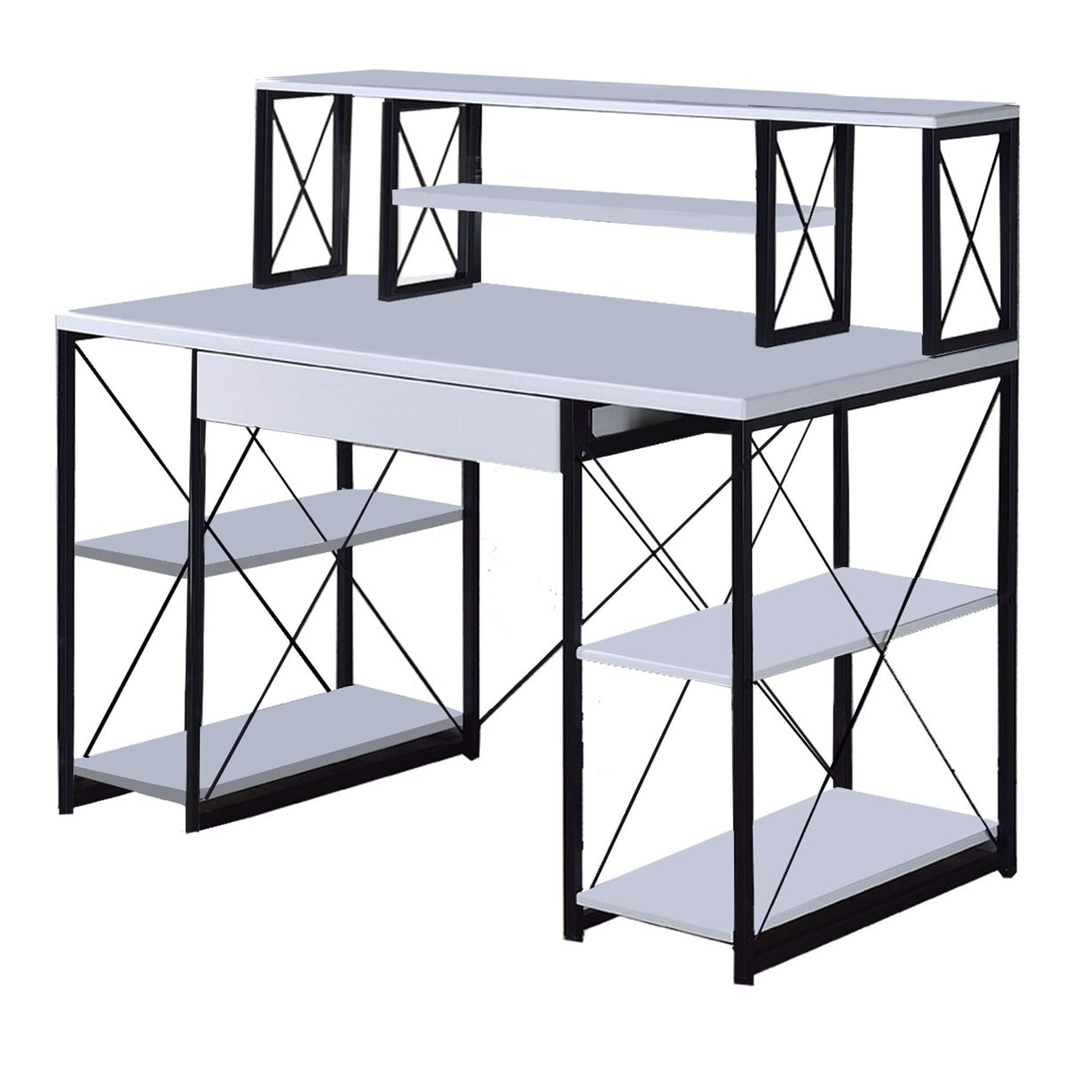 Benjara Industrial Style Desk With 4 Open Selves And Bookcase Hutch, White