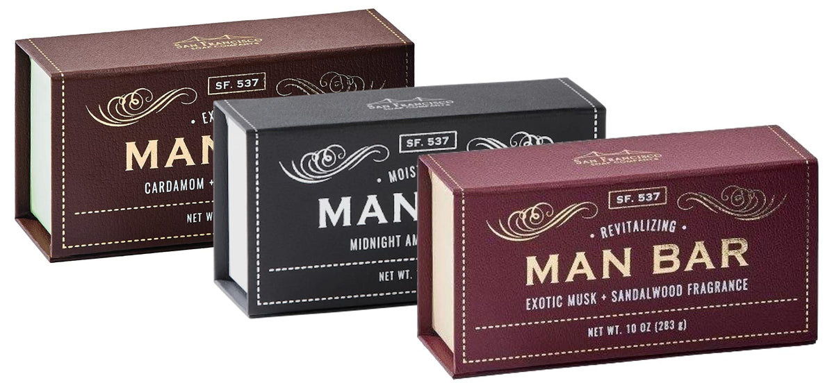 SFS Company Man Bar Set of 3 10 oz. Soap Bars (Exotic Musk+Sandalwood, Cardamom+Juniper, Midnight Amber)