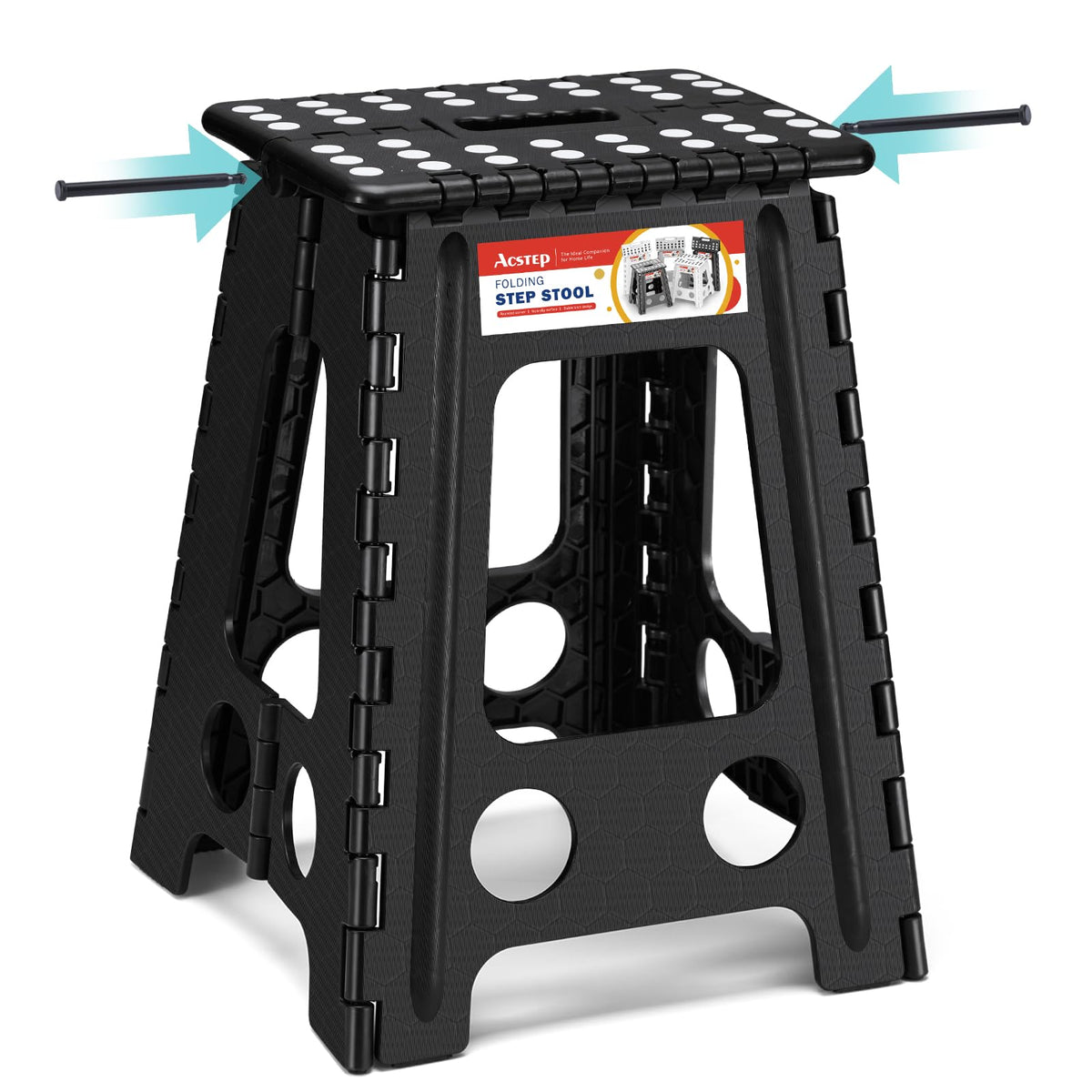 Acstep Folding Step Stool 17.5 Inch Heavy Duty Step Stool Foldable For Adults And Kids, Collapsible Stepping Stool With Handle, Non Slip Folding Stools For Kitchen Hold Up To 400Lbs (Black 1Pc)
