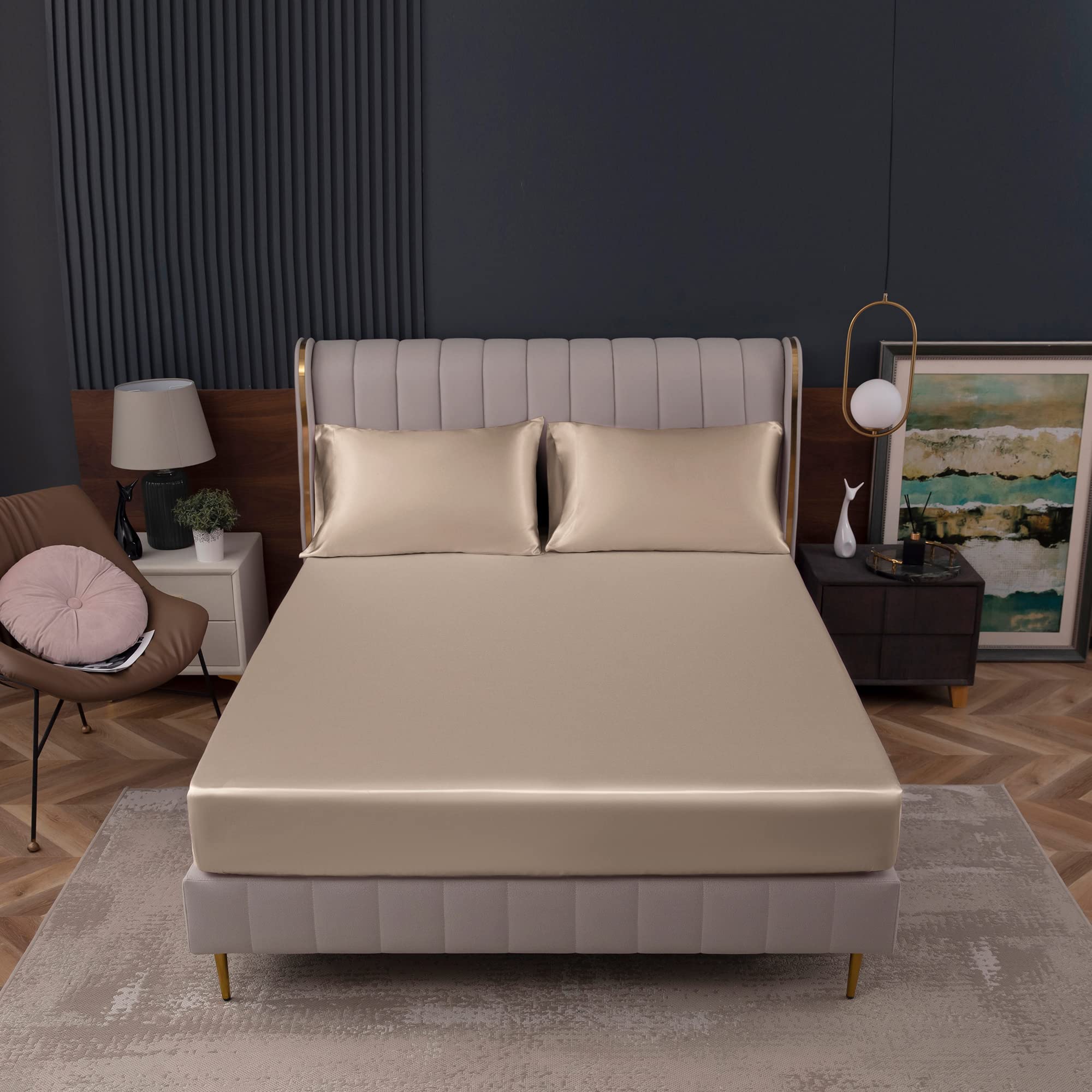 Homiest Taupe Satin Fitted Sheet King Size Fitted Bed Sheet, Deep Pocket Fitted Sheet Only, Luxury & Ultra Soft Bedding Fitted Sheet Single Bottom Bed Sheets Sold Separately